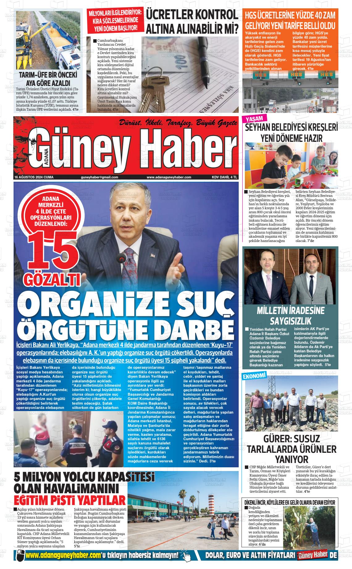 16 Ağustos 2024 Adana Güney Haber Gazete Manşeti