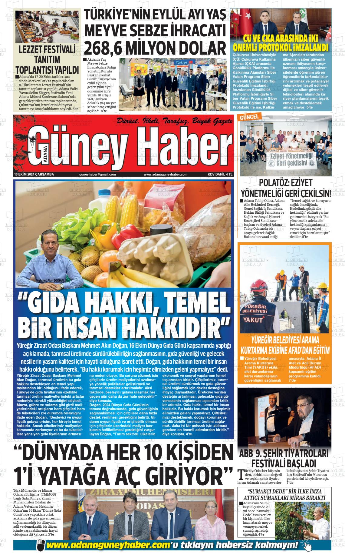 16 Ekim 2024 Adana Güney Haber Gazete Manşeti