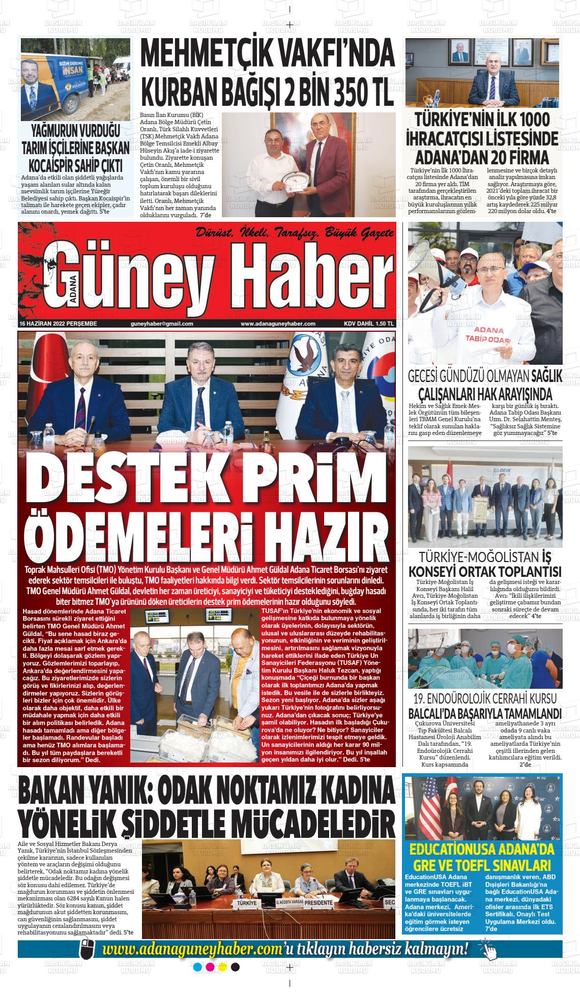 16 Haziran 2022 Adana Güney Haber Gazete Manşeti