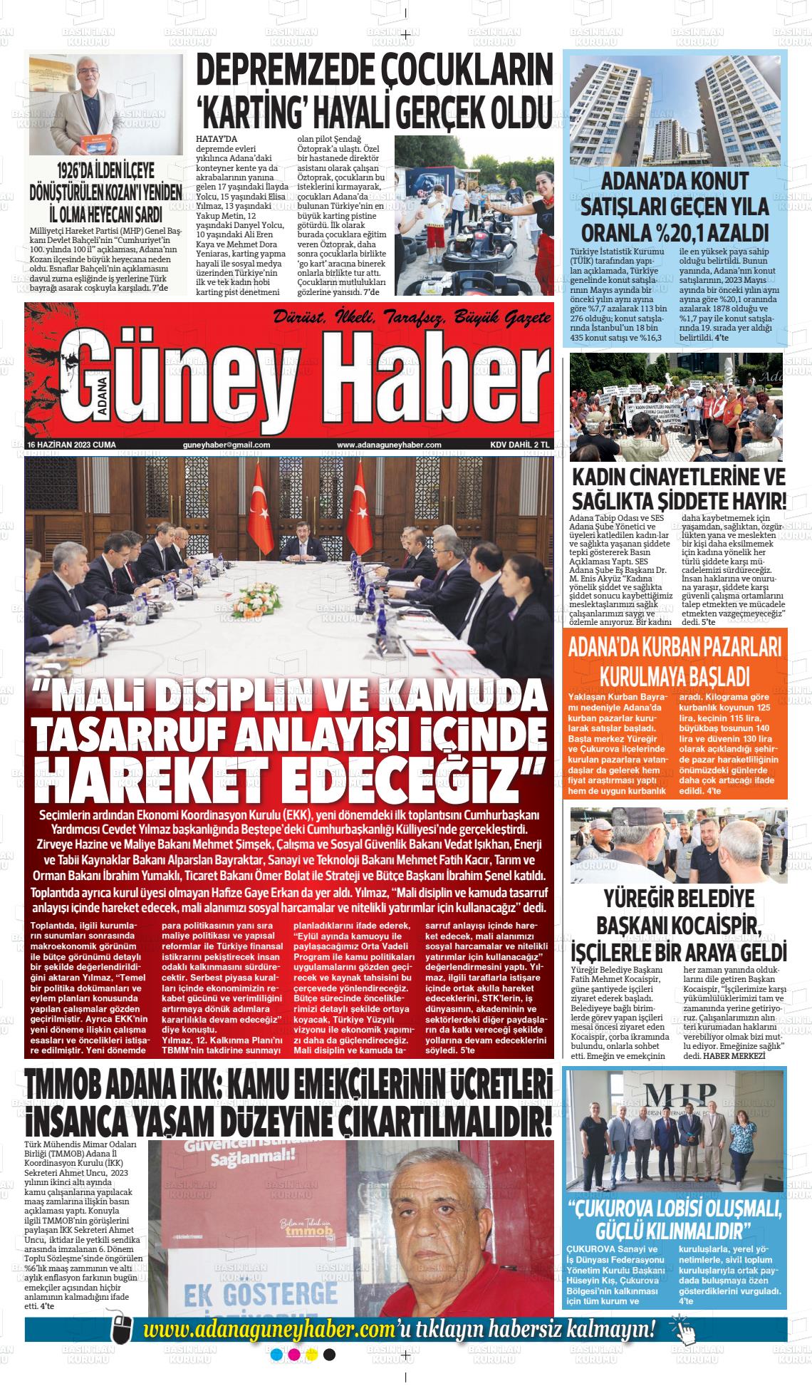 16 Haziran 2023 Adana Güney Haber Gazete Manşeti