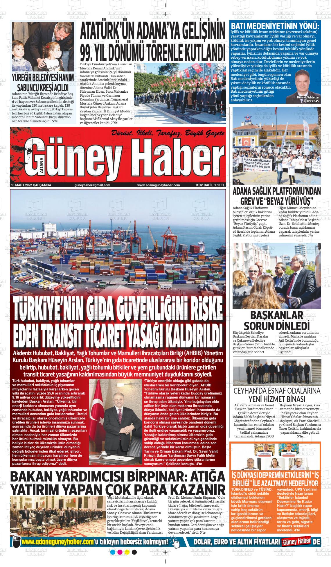 16 Mart 2022 Adana Güney Haber Gazete Manşeti