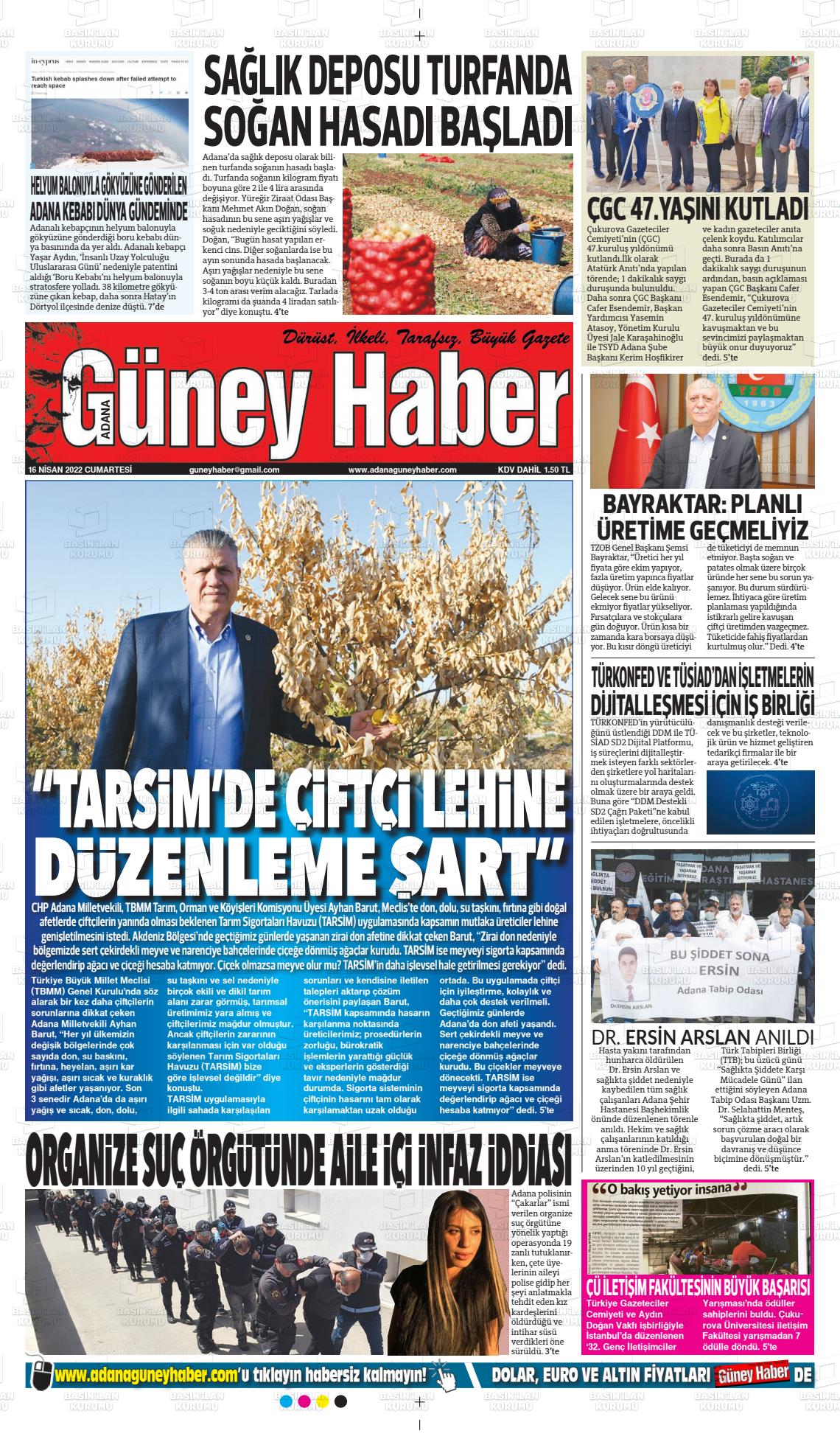 16 Nisan 2022 Adana Güney Haber Gazete Manşeti