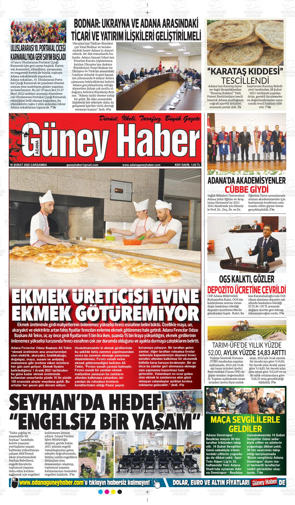 16 Şubat 2022 Adana Güney Haber Gazete Manşeti