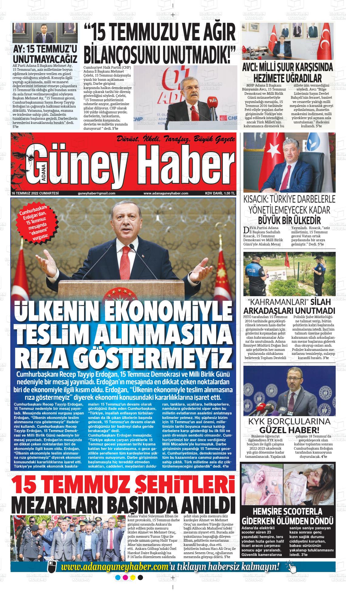 16 Temmuz 2022 Adana Güney Haber Gazete Manşeti