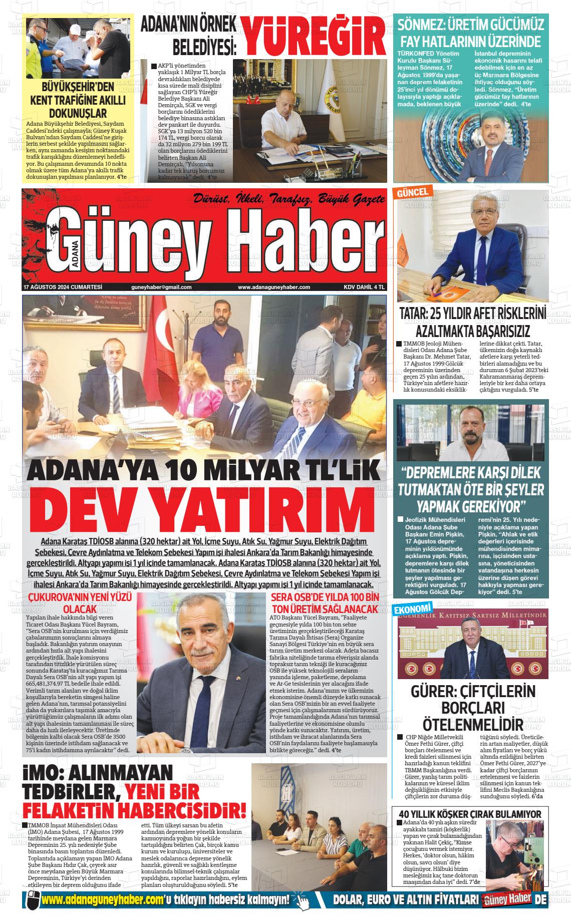 17 Ağustos 2024 Adana Güney Haber Gazete Manşeti