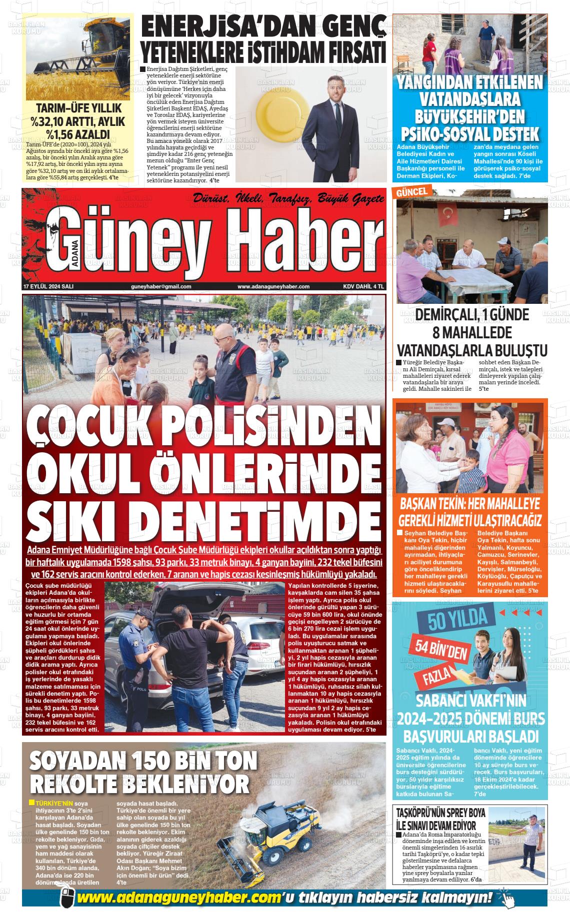 17 Eylül 2024 Adana Güney Haber Gazete Manşeti