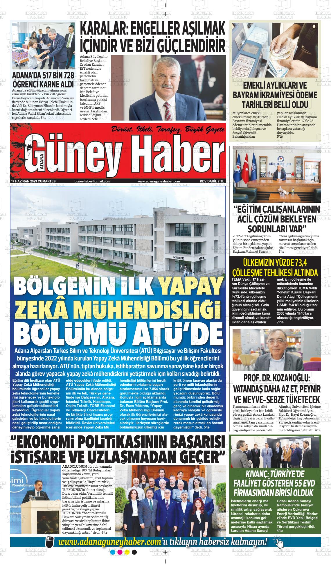 17 Haziran 2023 Adana Güney Haber Gazete Manşeti