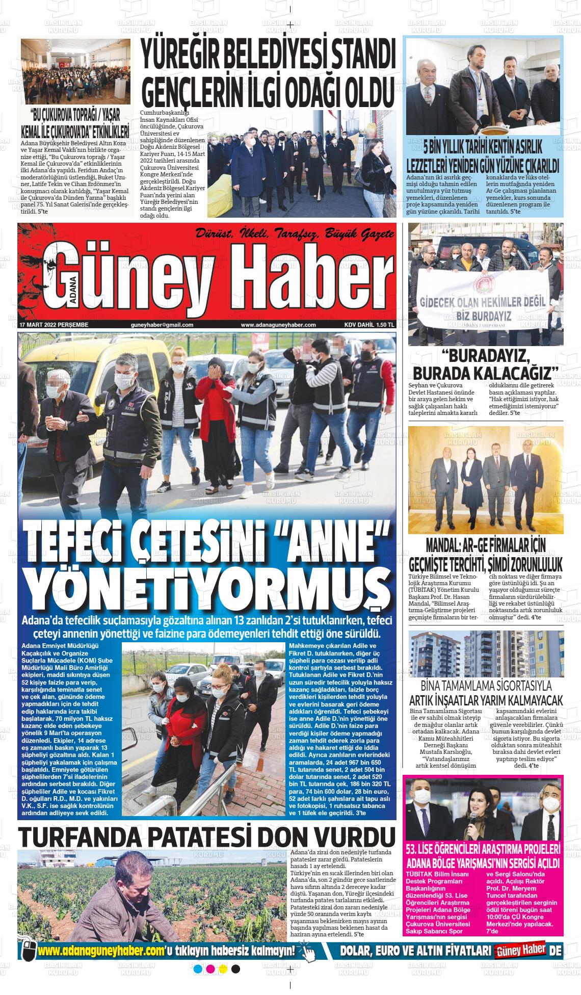 17 Mart 2022 Adana Güney Haber Gazete Manşeti