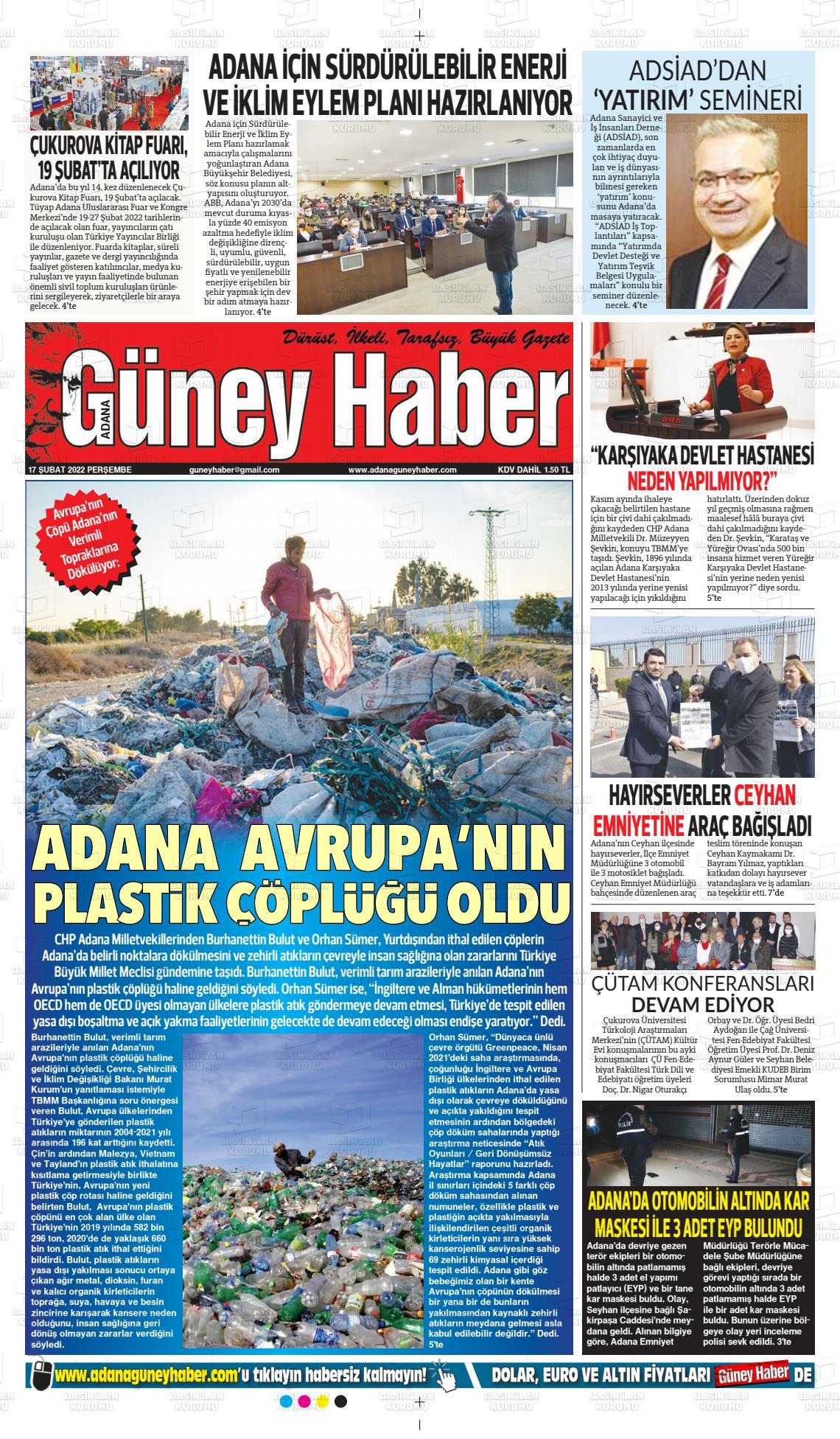 17 Şubat 2022 Adana Güney Haber Gazete Manşeti