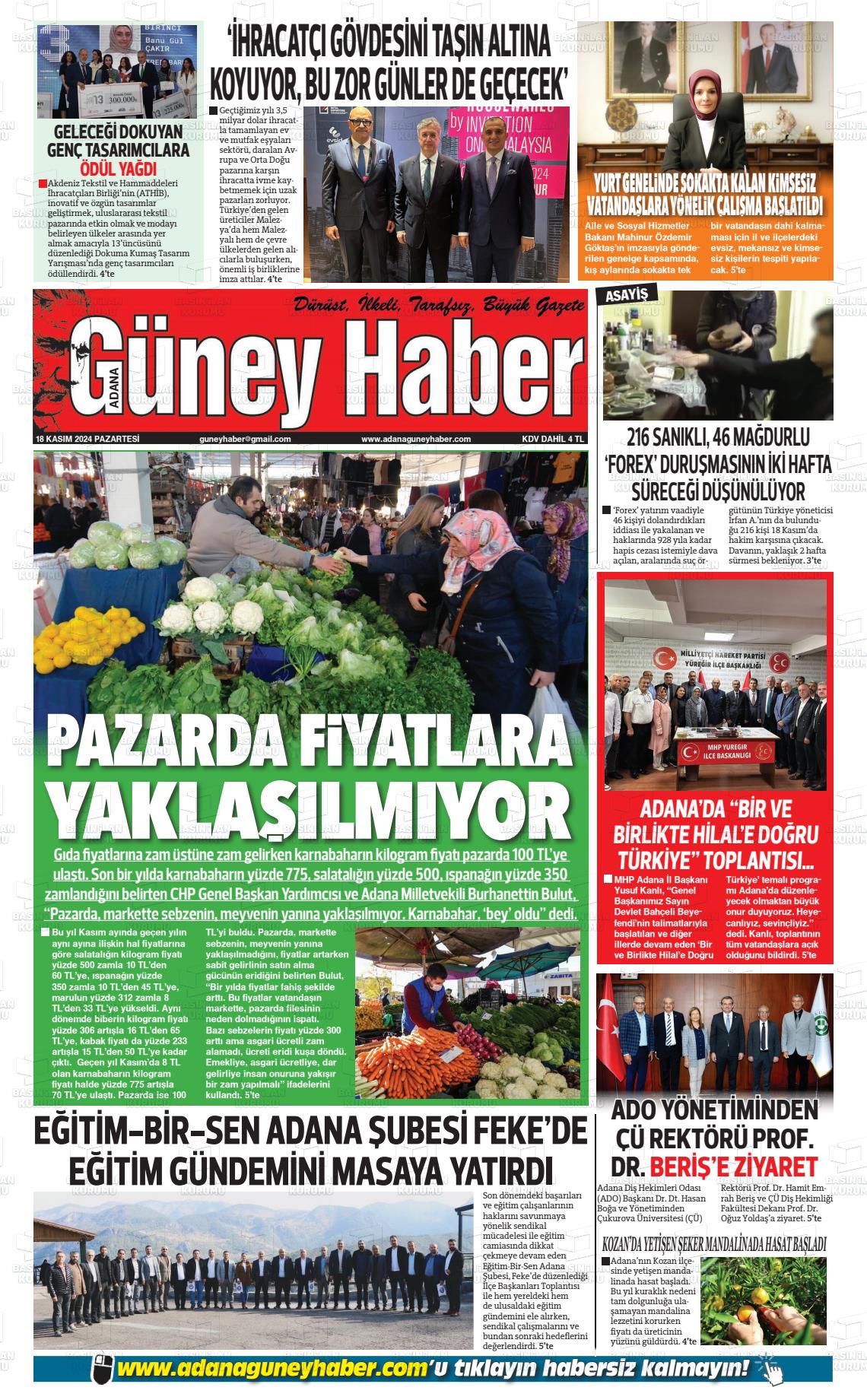 18 Kasım 2024 Adana Güney Haber Gazete Manşeti