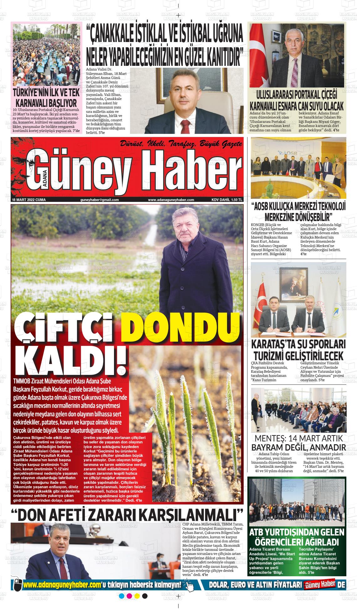 18 Mart 2022 Adana Güney Haber Gazete Manşeti