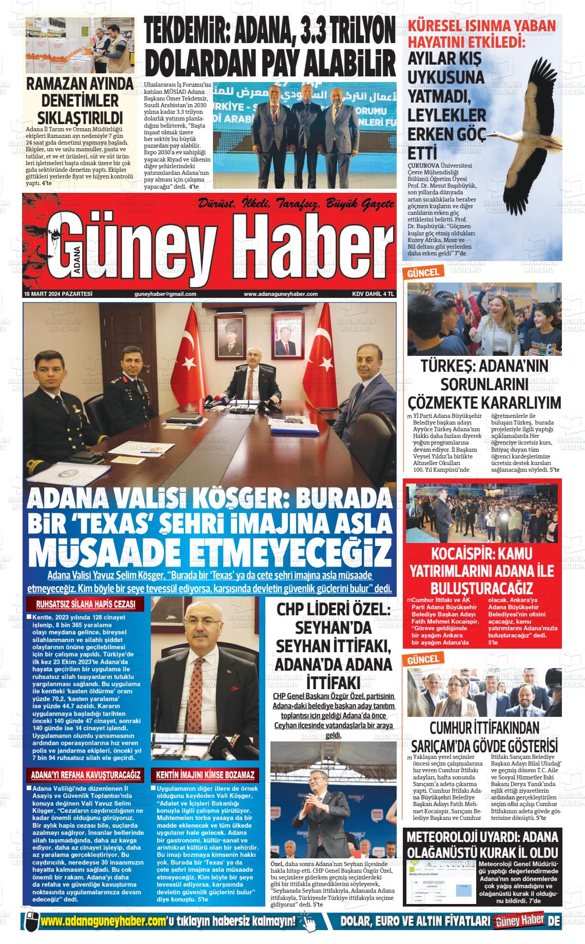 18 Mart 2024 Adana Güney Haber Gazete Manşeti