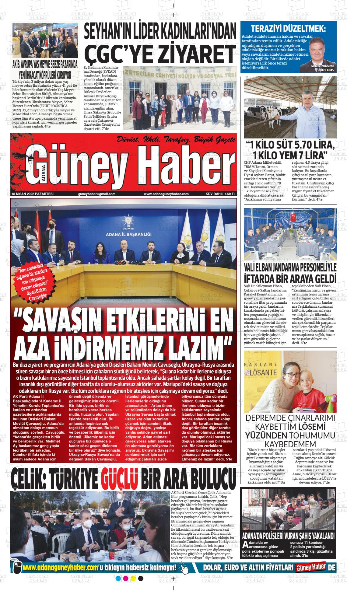 18 Nisan 2022 Adana Güney Haber Gazete Manşeti