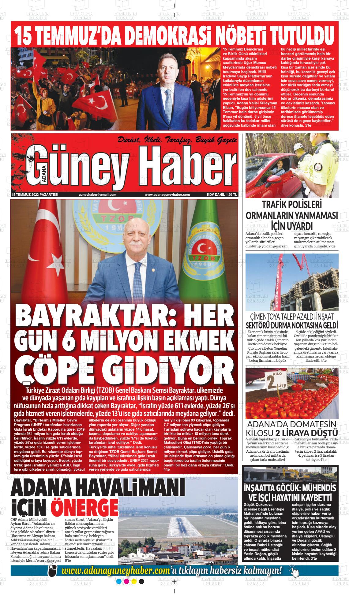 18 Temmuz 2022 Adana Güney Haber Gazete Manşeti