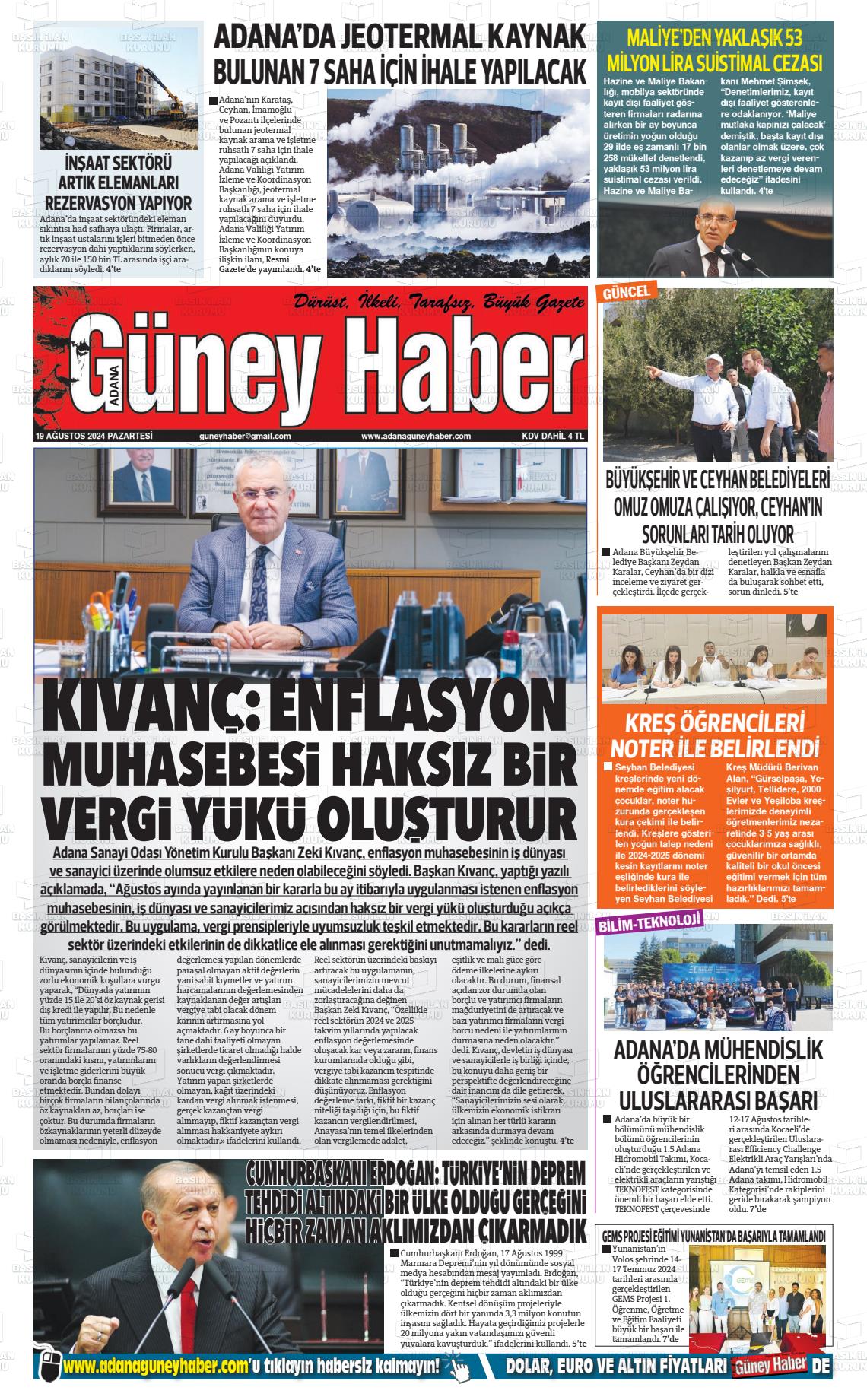 19 Ağustos 2024 Adana Güney Haber Gazete Manşeti