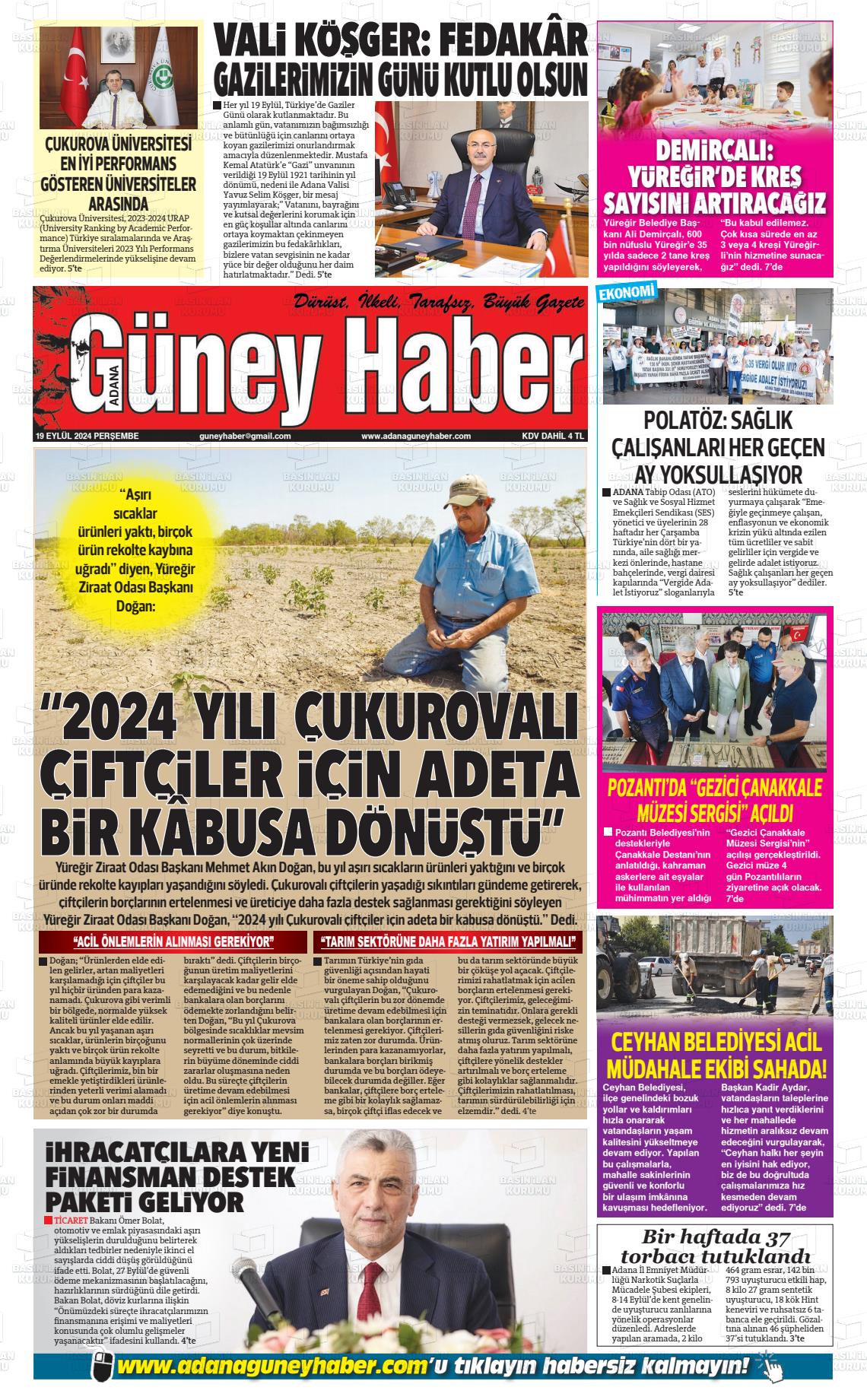 19 Eylül 2024 Adana Güney Haber Gazete Manşeti