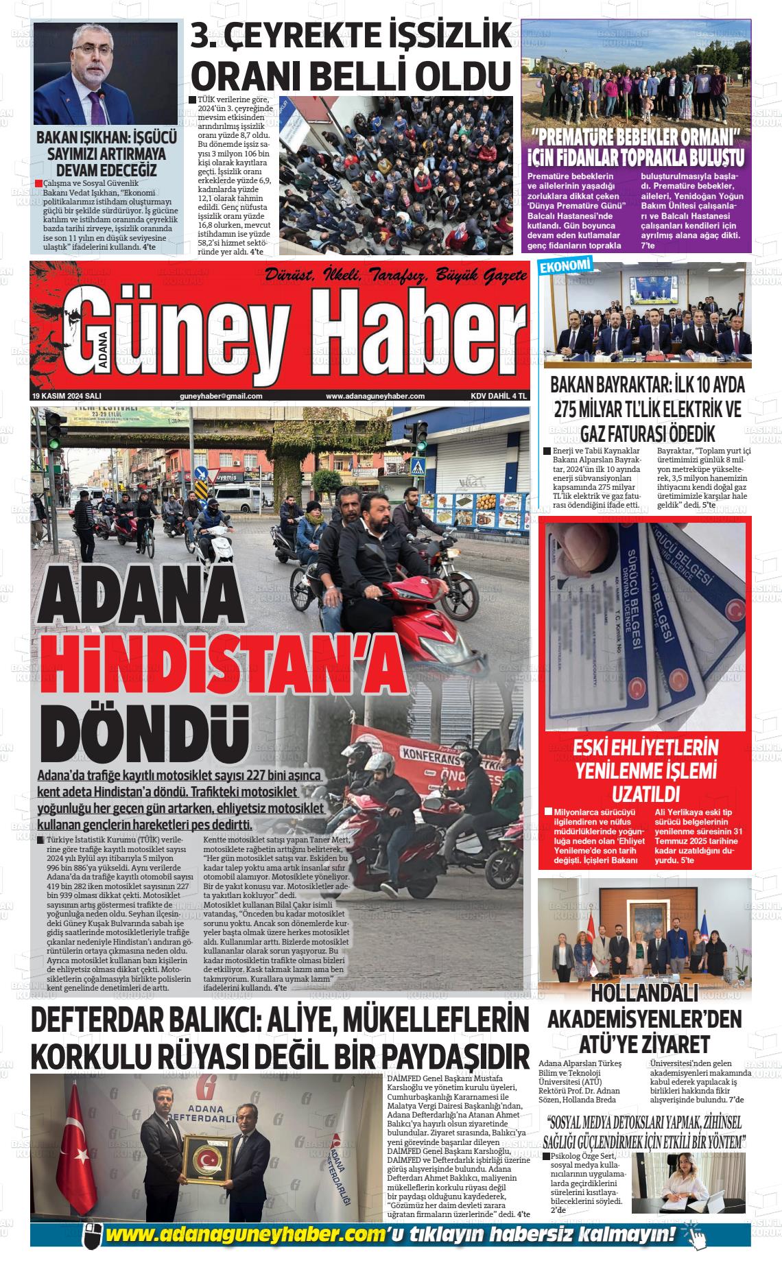 19 Kasım 2024 Adana Güney Haber Gazete Manşeti