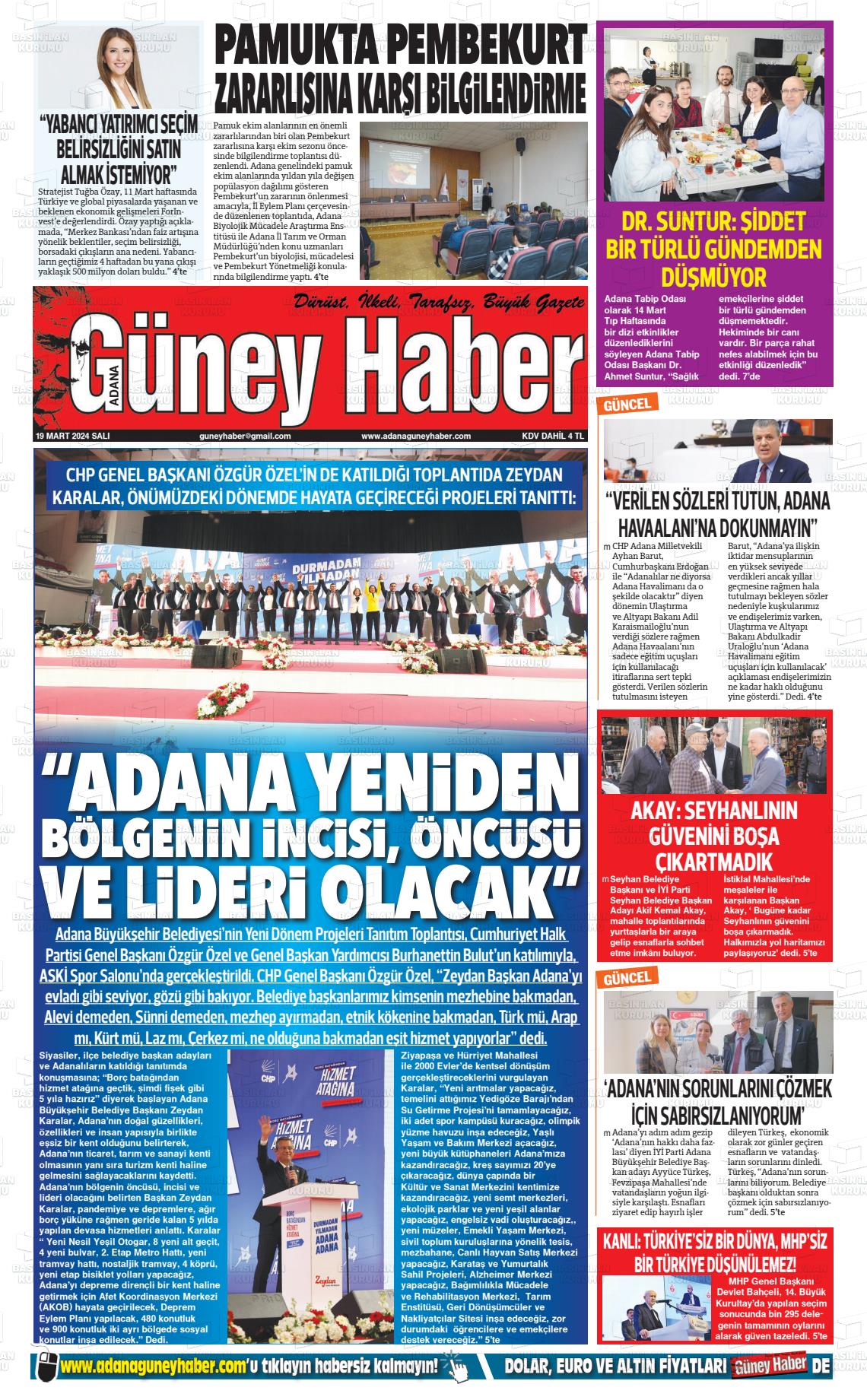 19 Mart 2024 Adana Güney Haber Gazete Manşeti