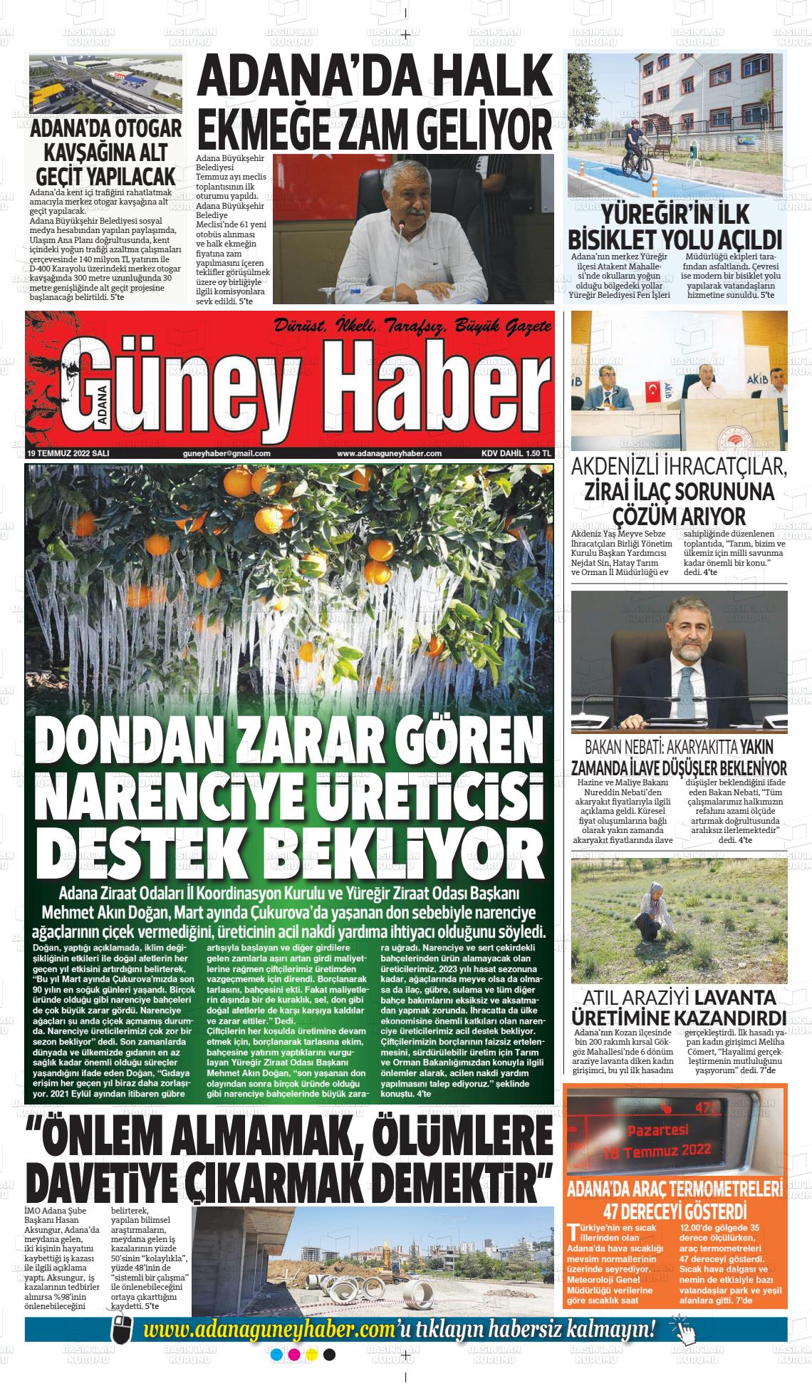 19 Temmuz 2022 Adana Güney Haber Gazete Manşeti