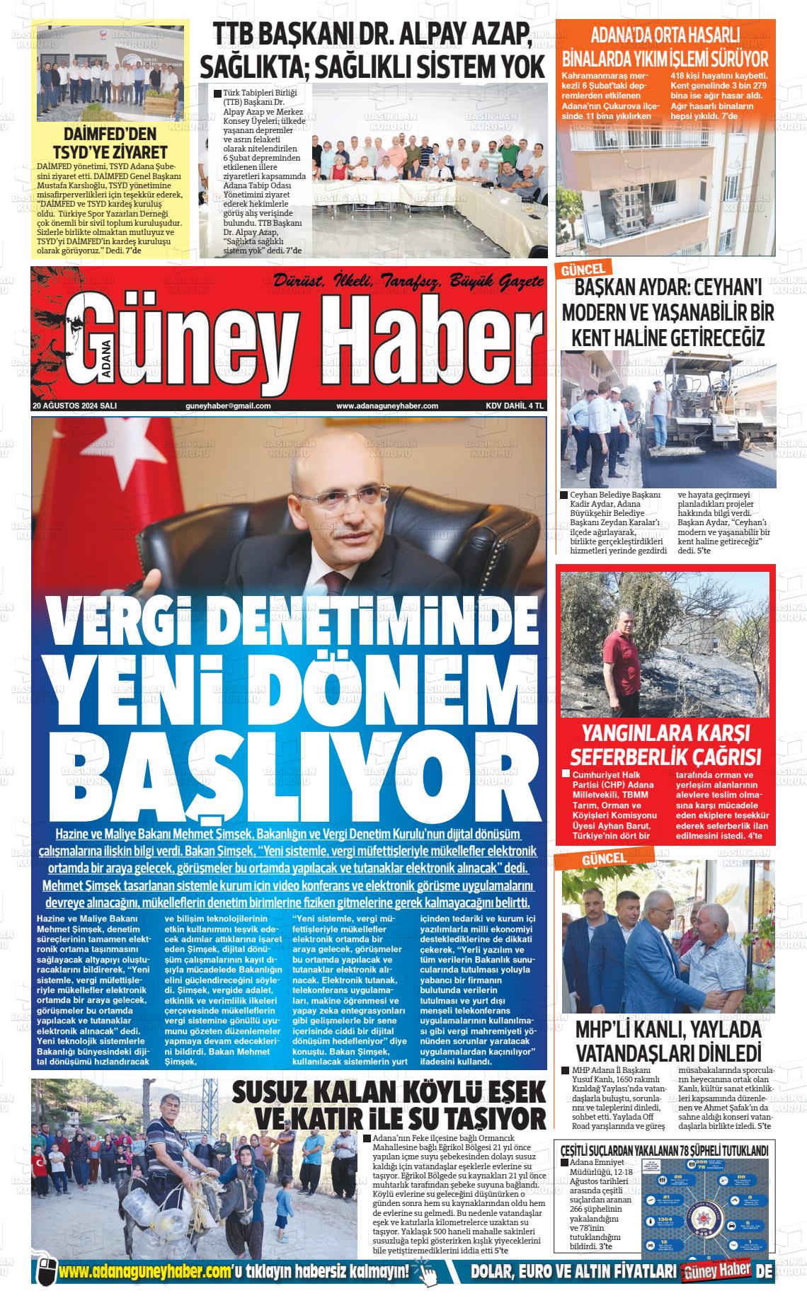 20 Ağustos 2024 Adana Güney Haber Gazete Manşeti