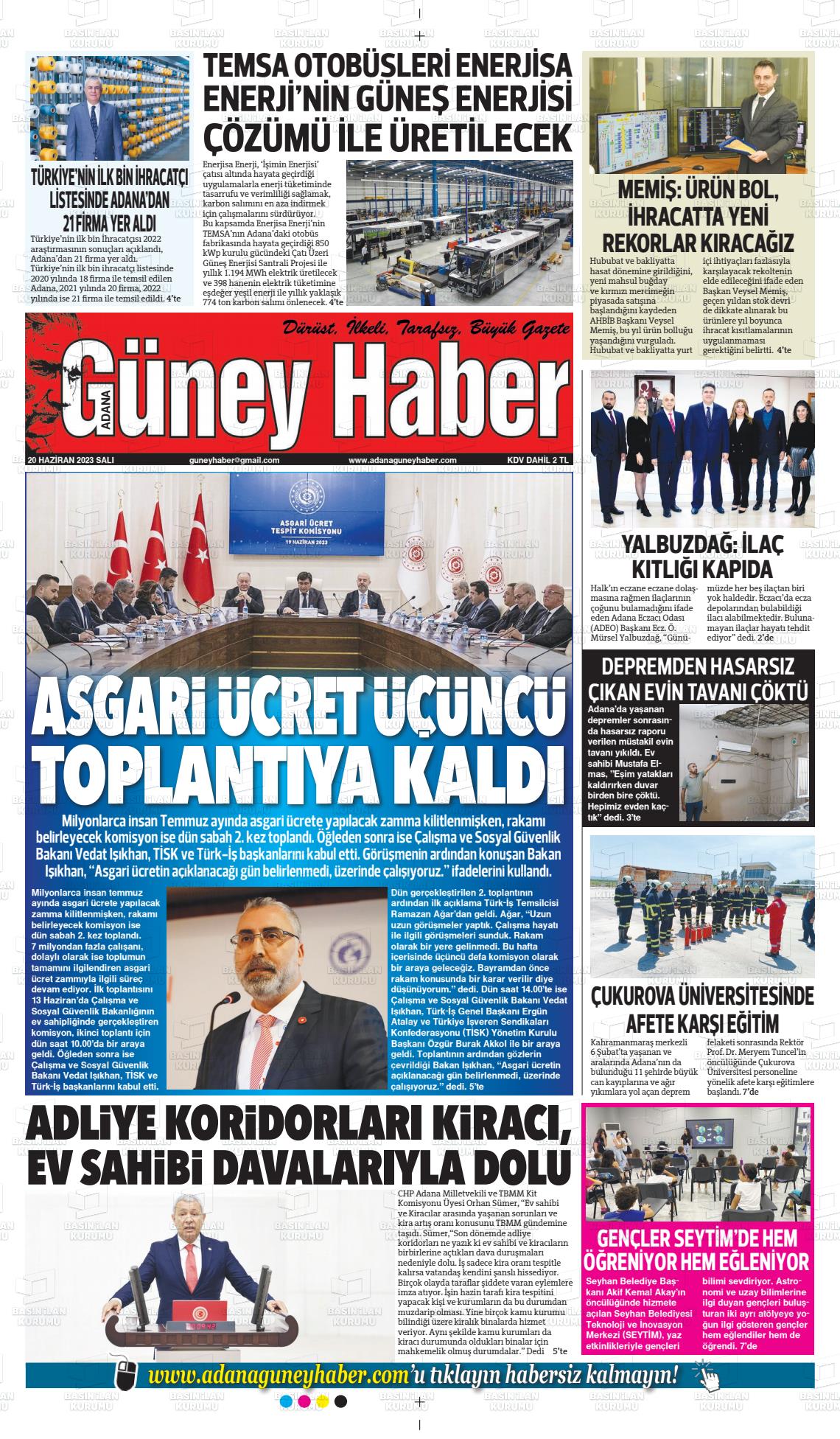 20 Haziran 2023 Adana Güney Haber Gazete Manşeti