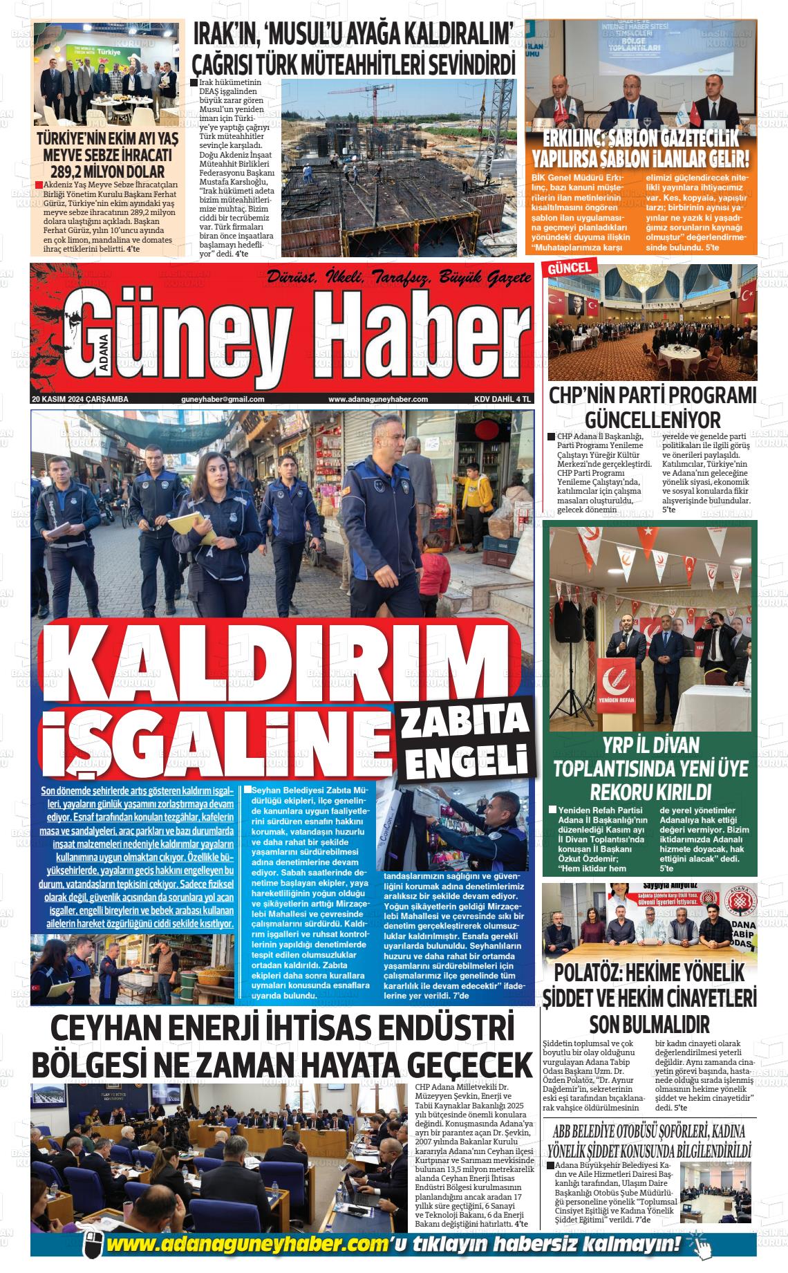 20 Kasım 2024 Adana Güney Haber Gazete Manşeti