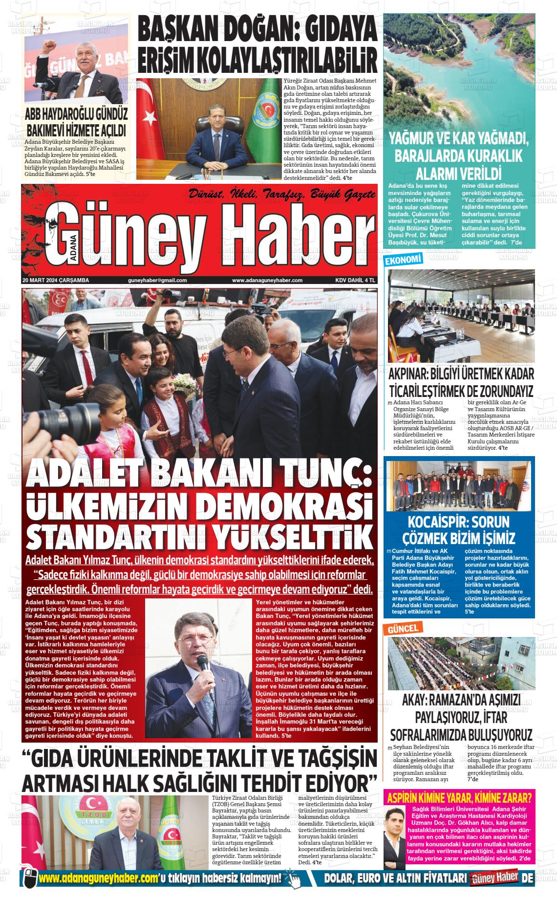 20 Mart 2024 Adana Güney Haber Gazete Manşeti