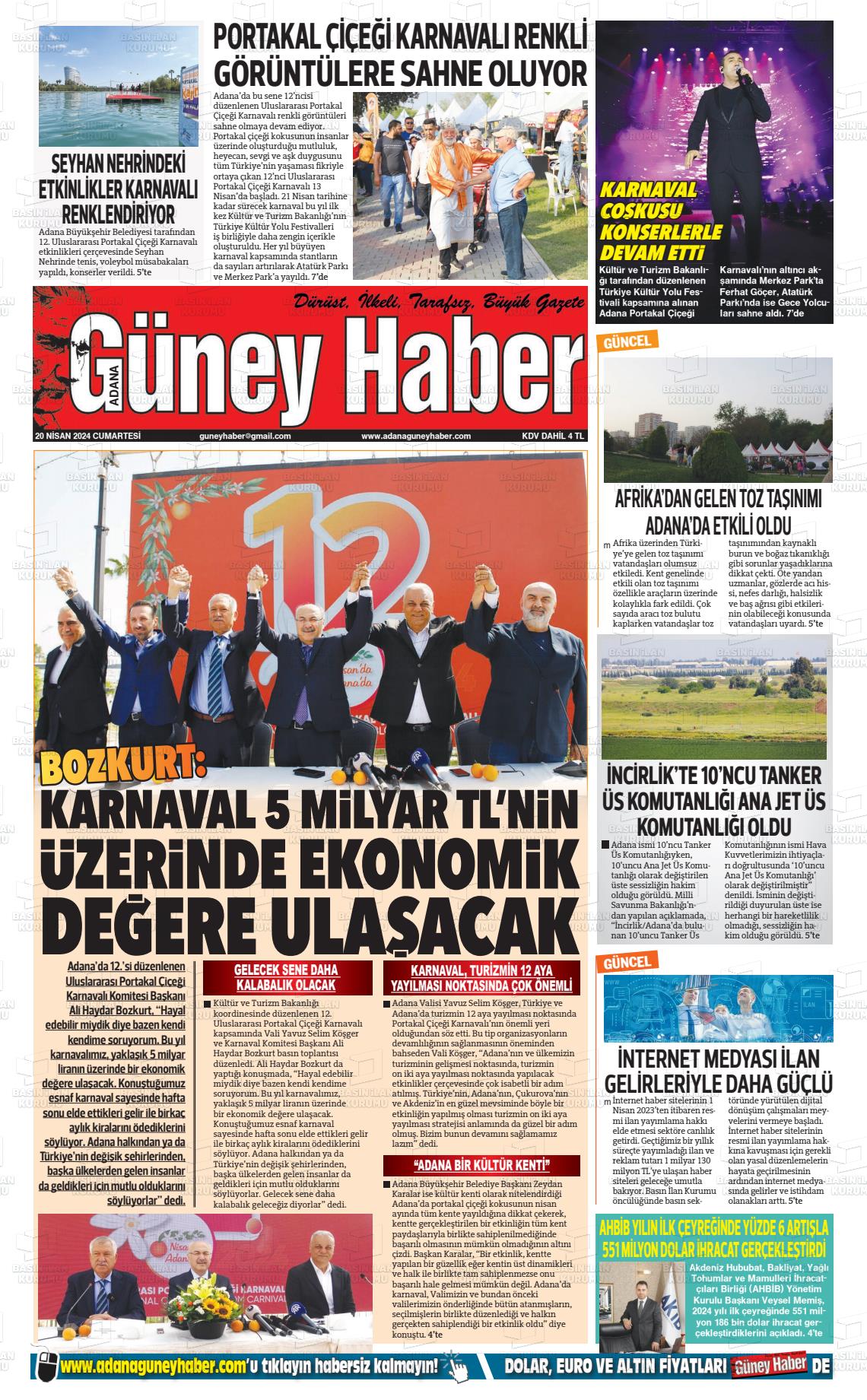 20 Nisan 2024 Adana Güney Haber Gazete Manşeti