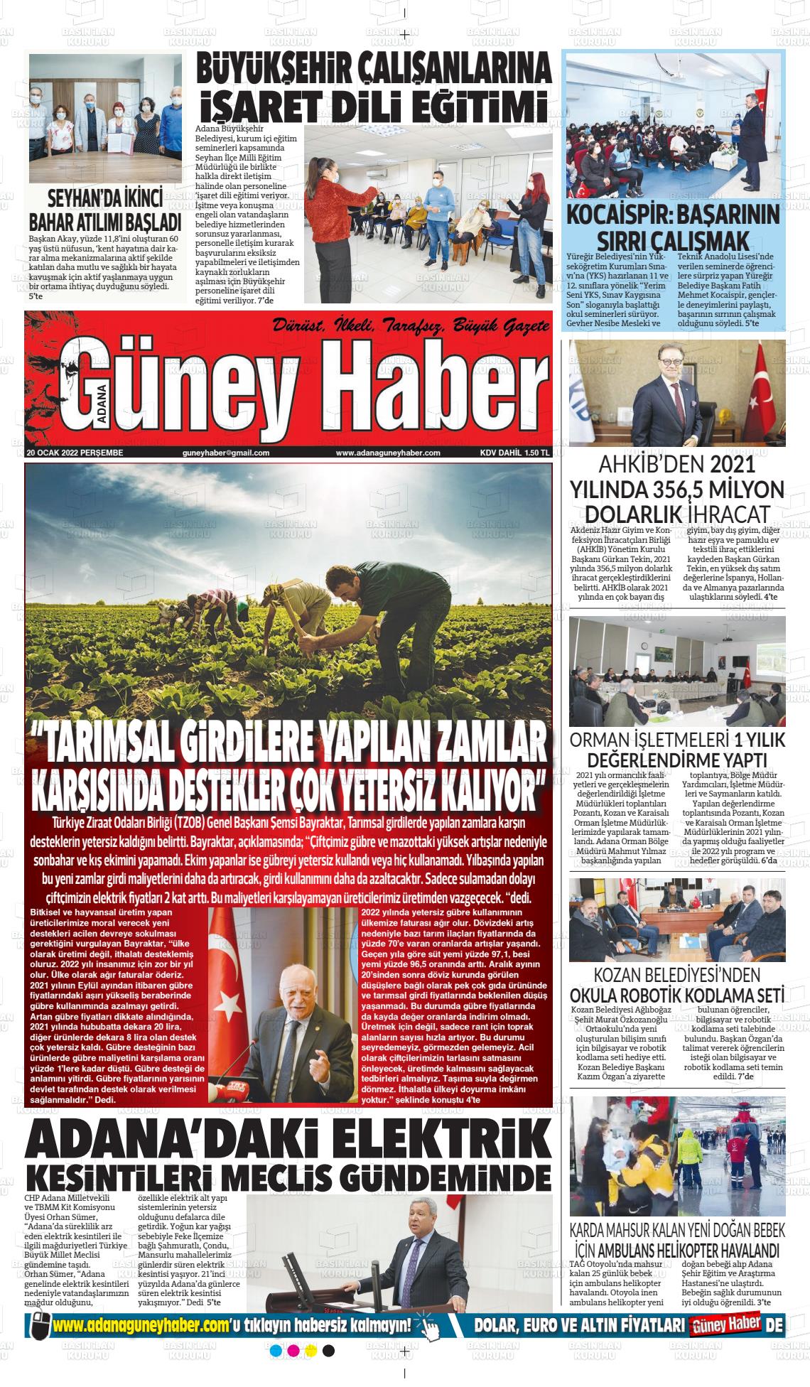 20 Ocak 2022 Adana Güney Haber Gazete Manşeti