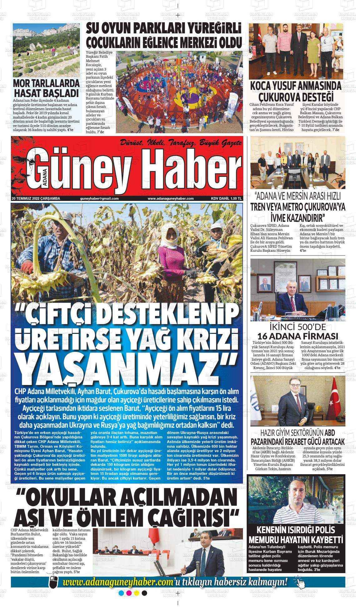 20 Temmuz 2022 Adana Güney Haber Gazete Manşeti