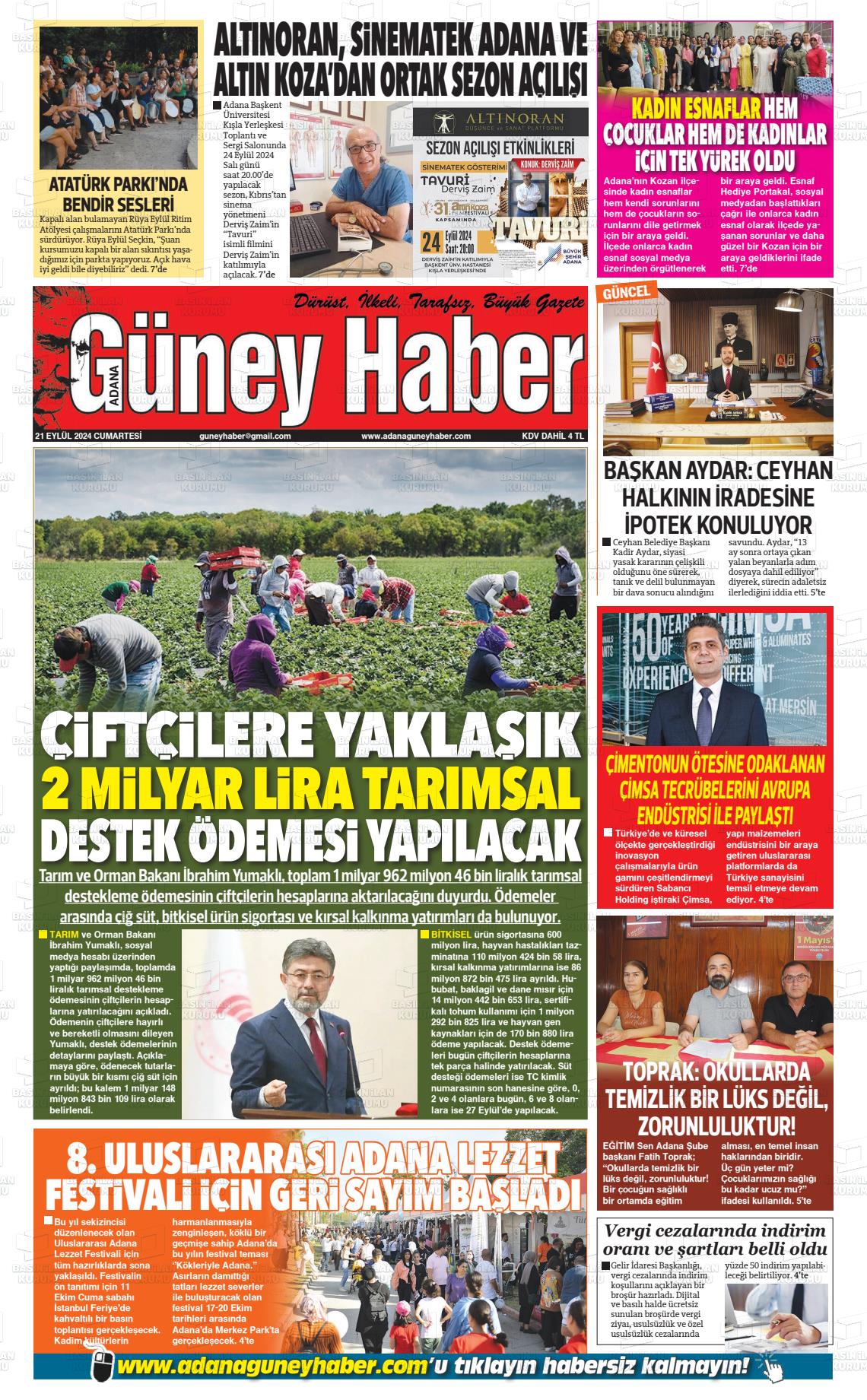 21 Eylül 2024 Adana Güney Haber Gazete Manşeti