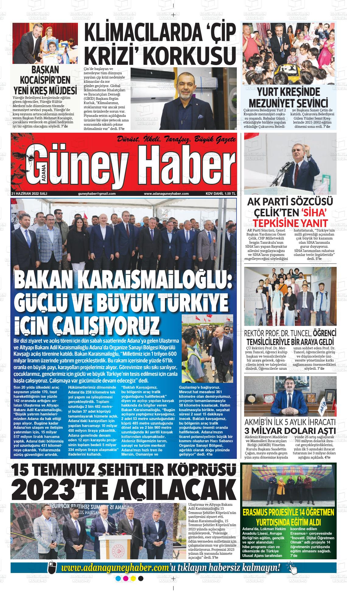 21 Haziran 2022 Adana Güney Haber Gazete Manşeti