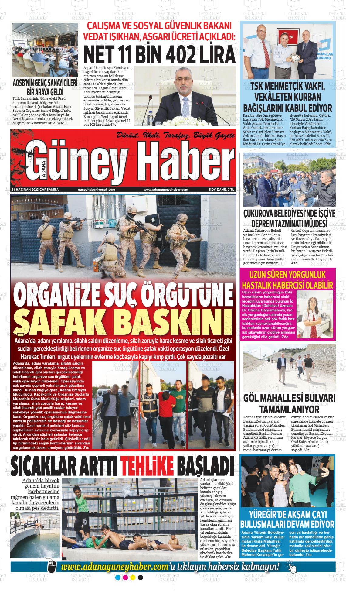 21 Haziran 2023 Adana Güney Haber Gazete Manşeti