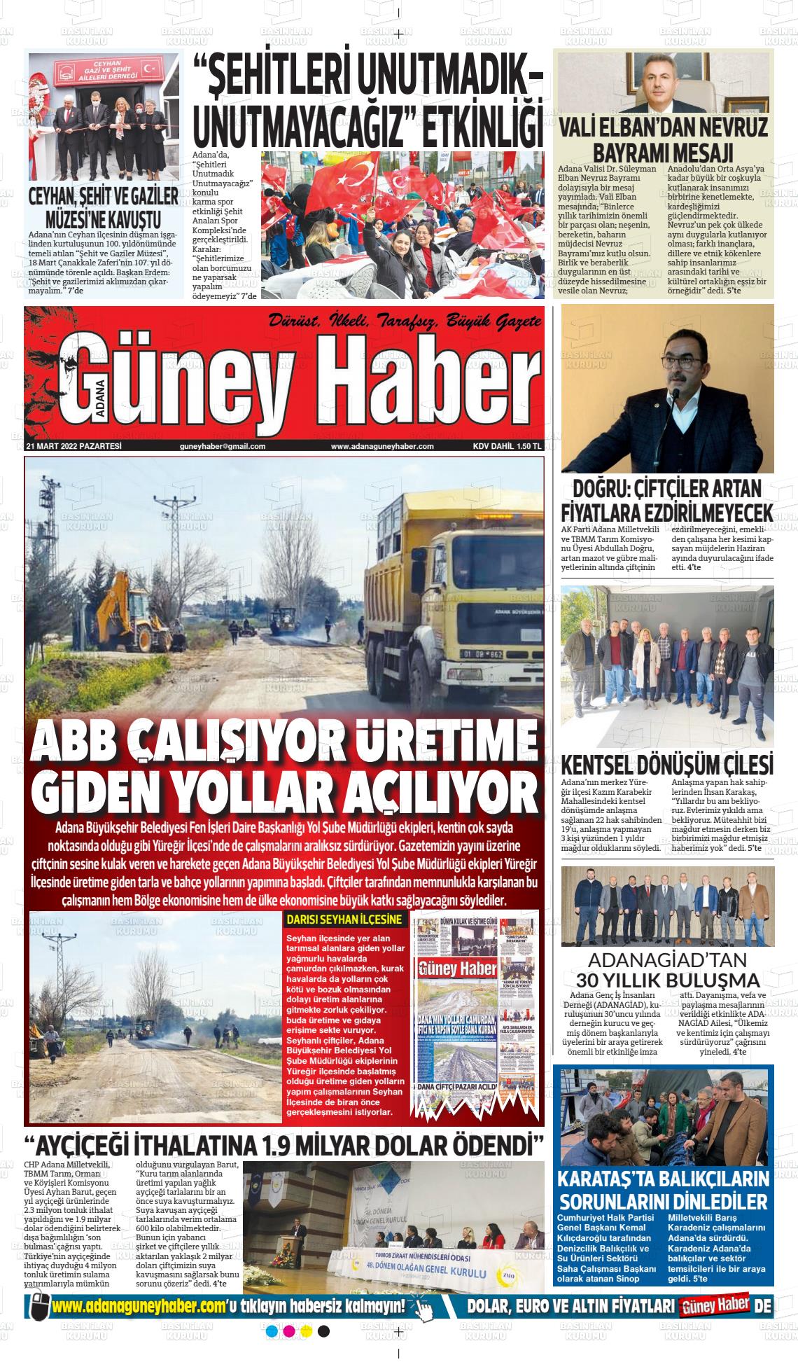 21 Mart 2022 Adana Güney Haber Gazete Manşeti