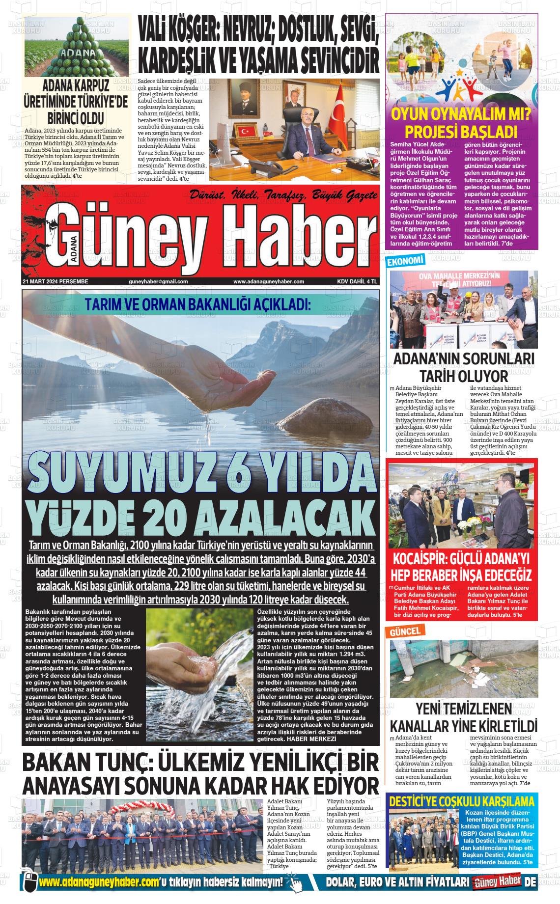 21 Mart 2024 Adana Güney Haber Gazete Manşeti