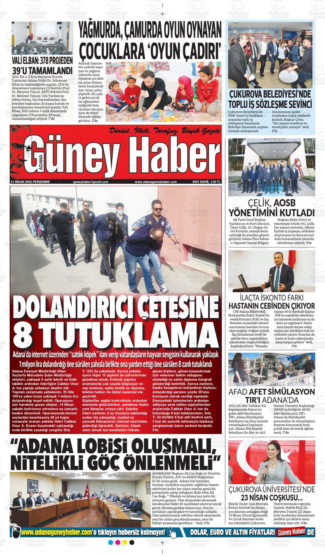 21 Nisan 2022 Adana Güney Haber Gazete Manşeti