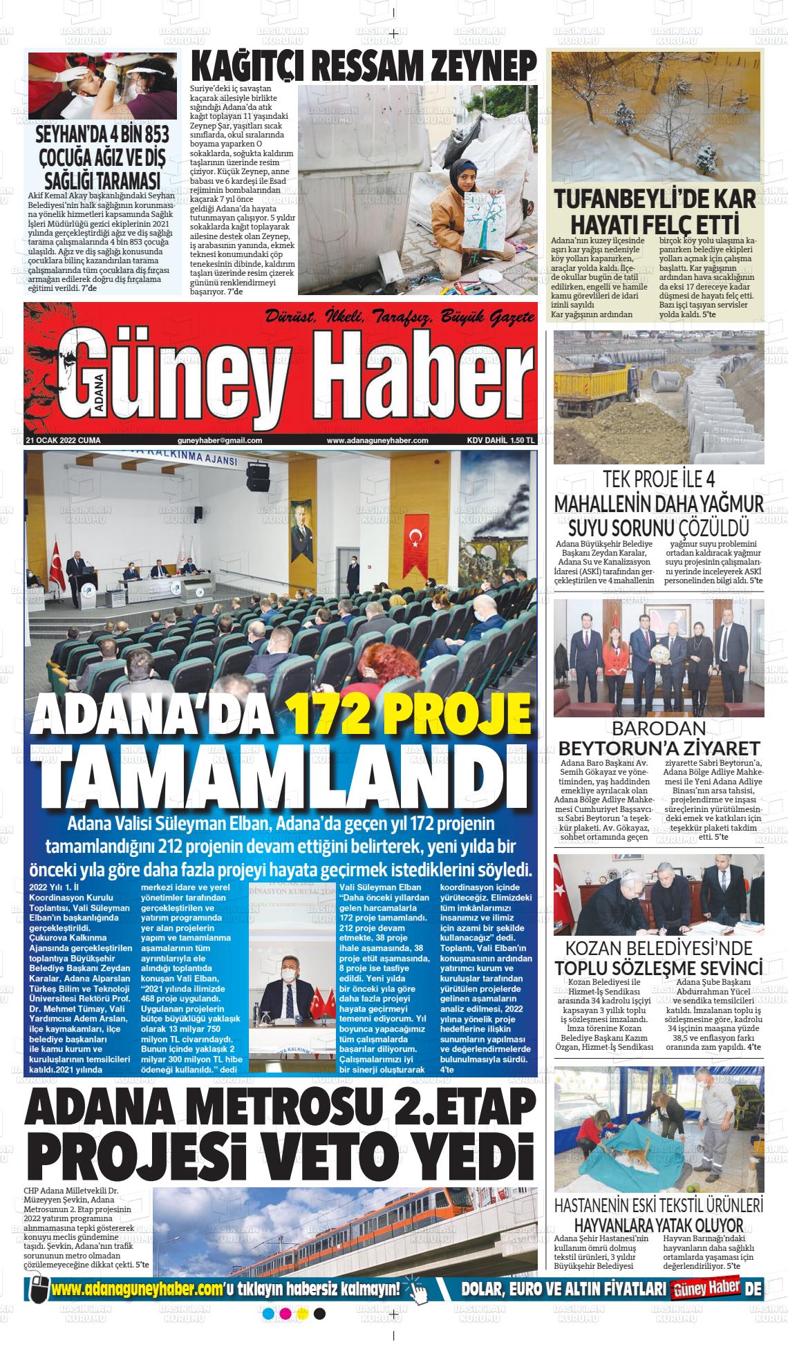 21 Ocak 2022 Adana Güney Haber Gazete Manşeti