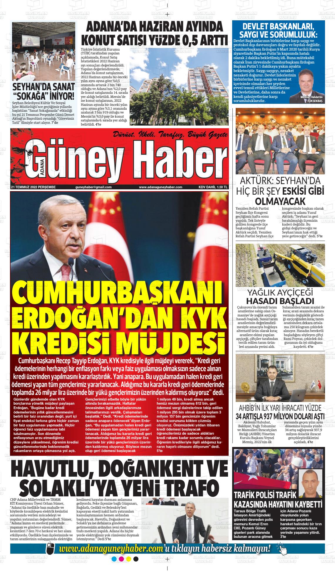 21 Temmuz 2022 Adana Güney Haber Gazete Manşeti