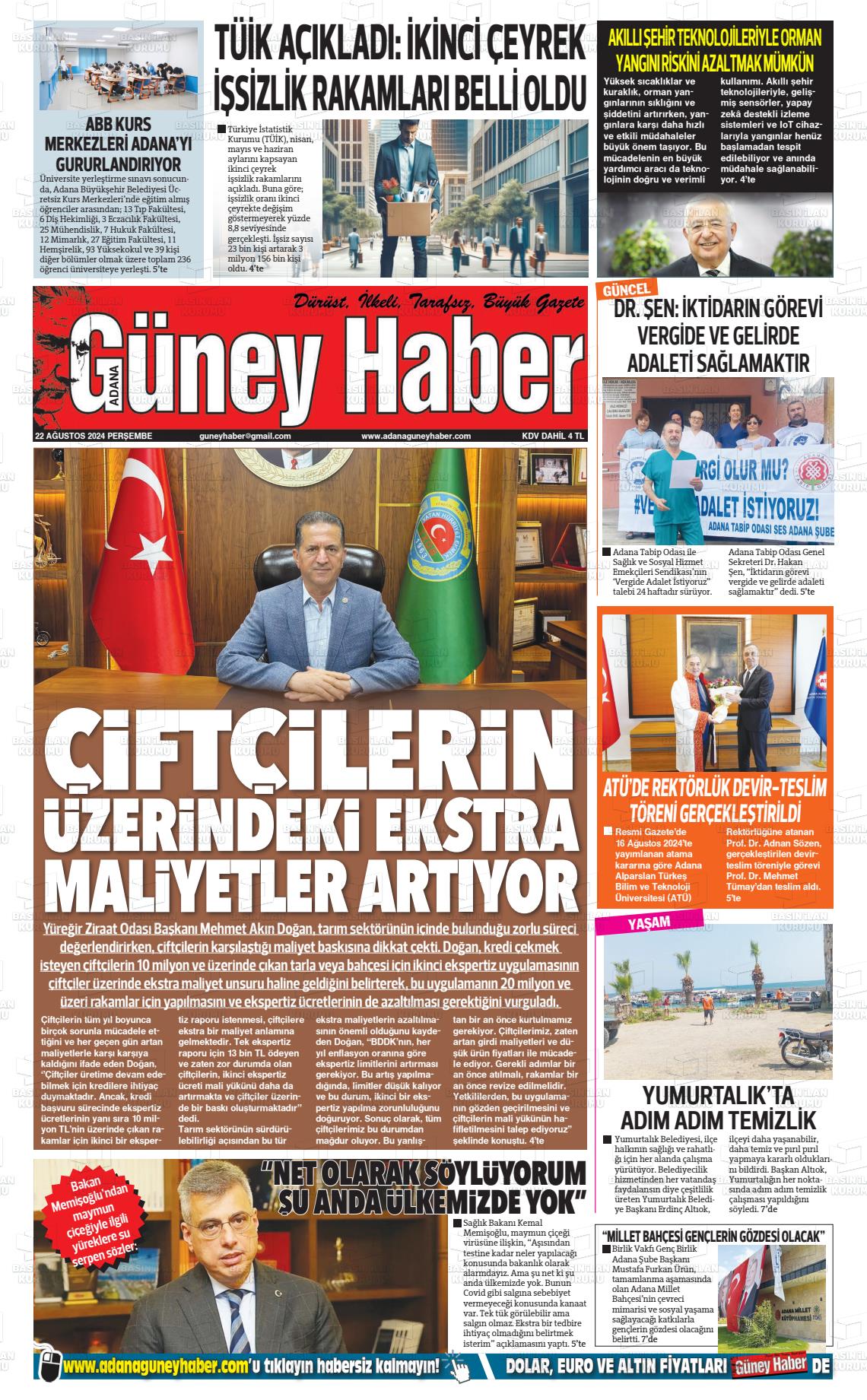 22 Ağustos 2024 Adana Güney Haber Gazete Manşeti