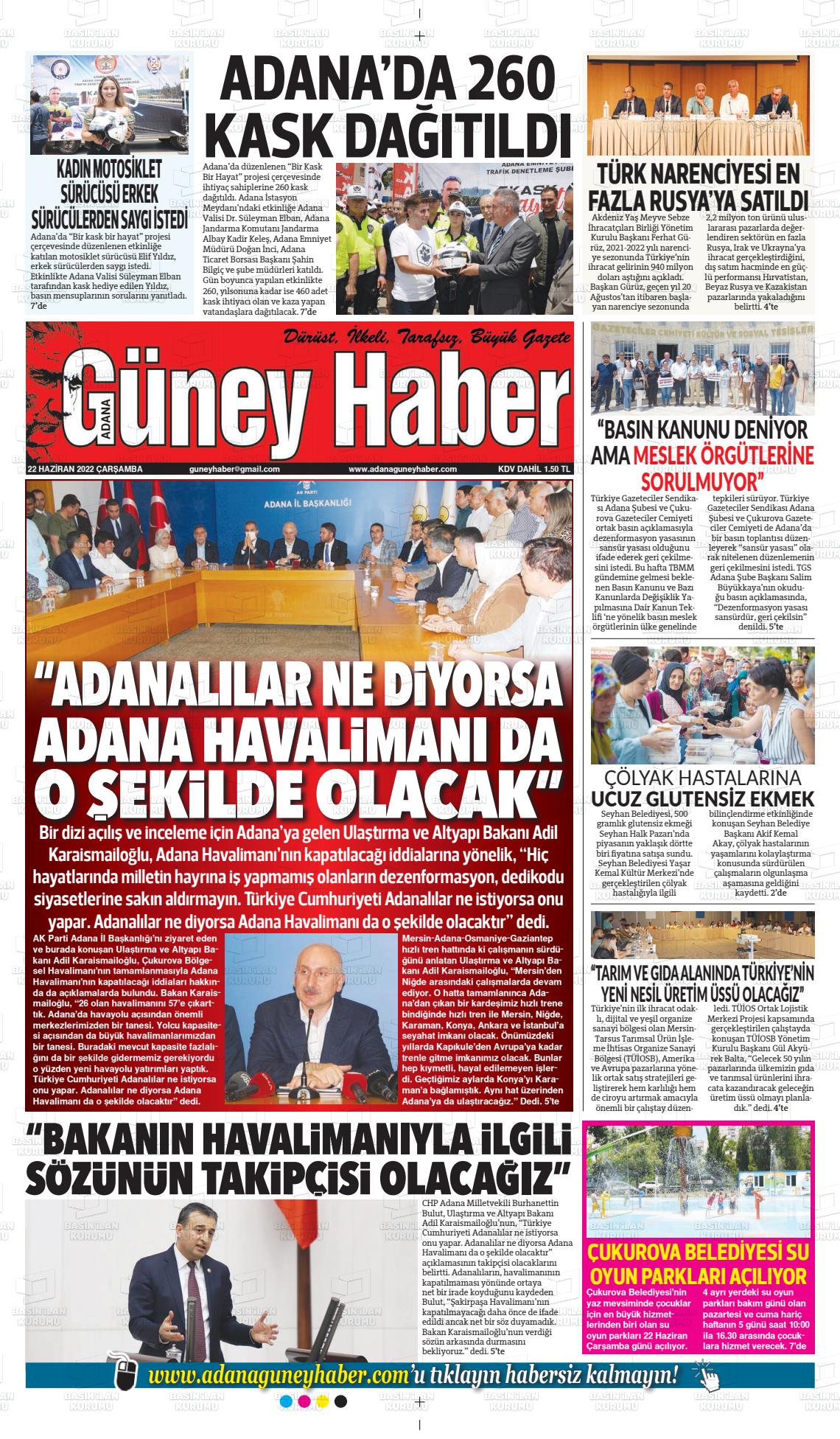 22 Haziran 2022 Adana Güney Haber Gazete Manşeti