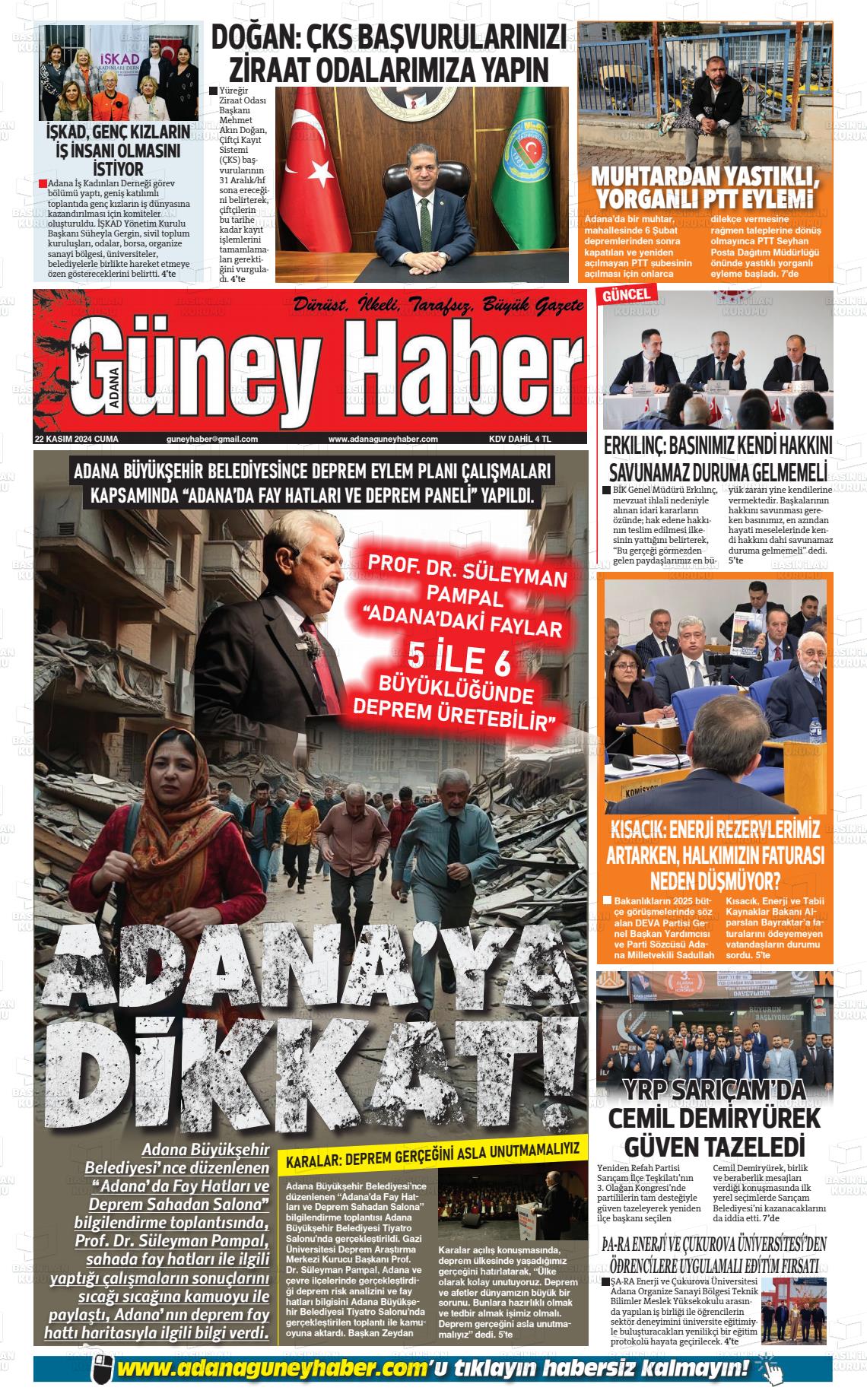 22 Kasım 2024 Adana Güney Haber Gazete Manşeti