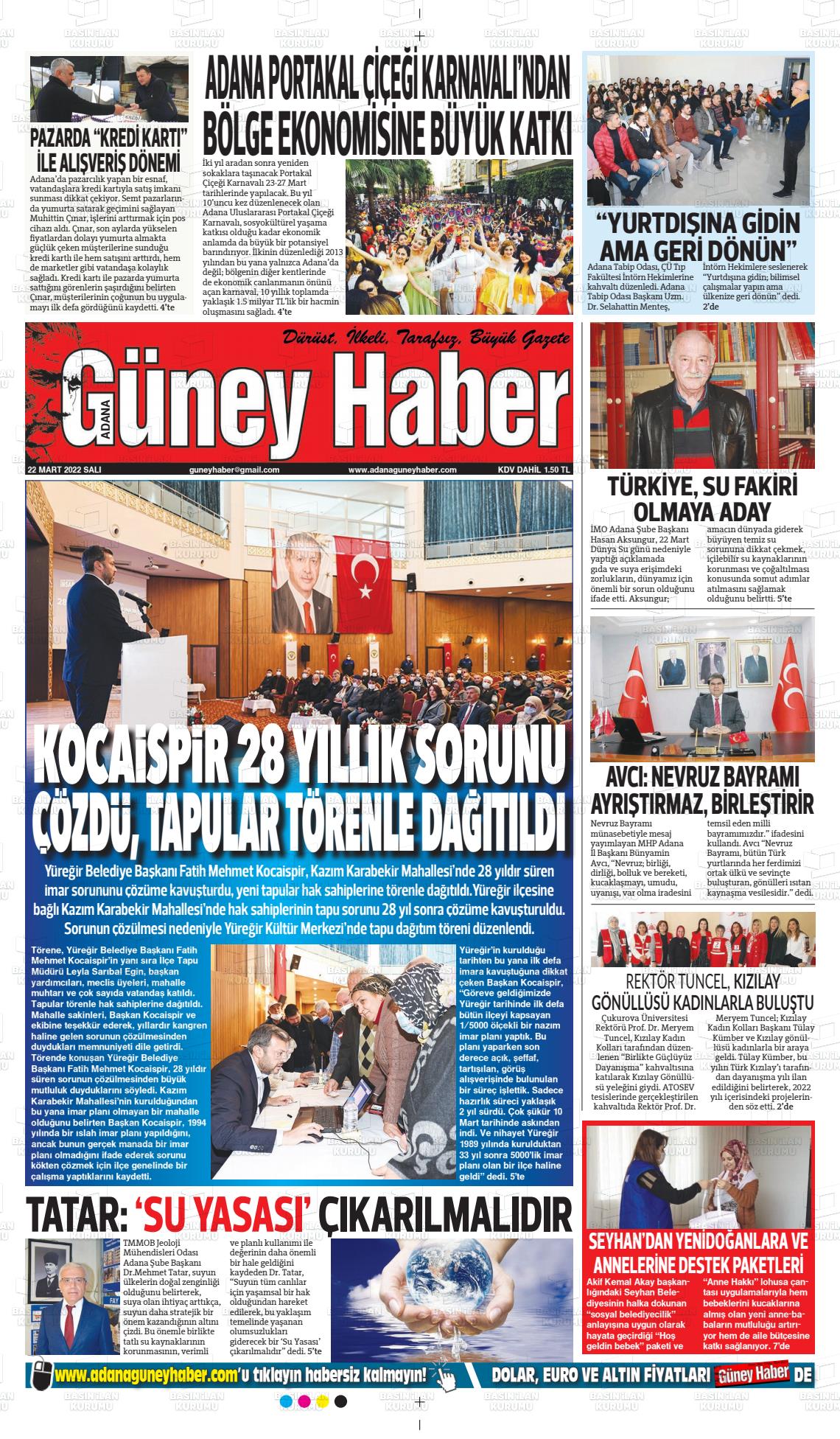 22 Mart 2022 Adana Güney Haber Gazete Manşeti