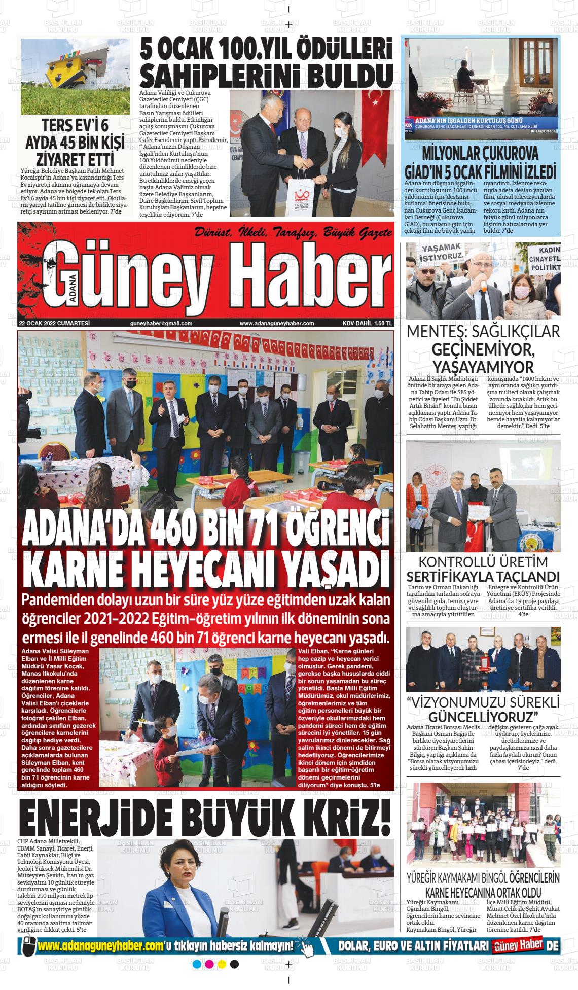 22 Ocak 2022 Adana Güney Haber Gazete Manşeti