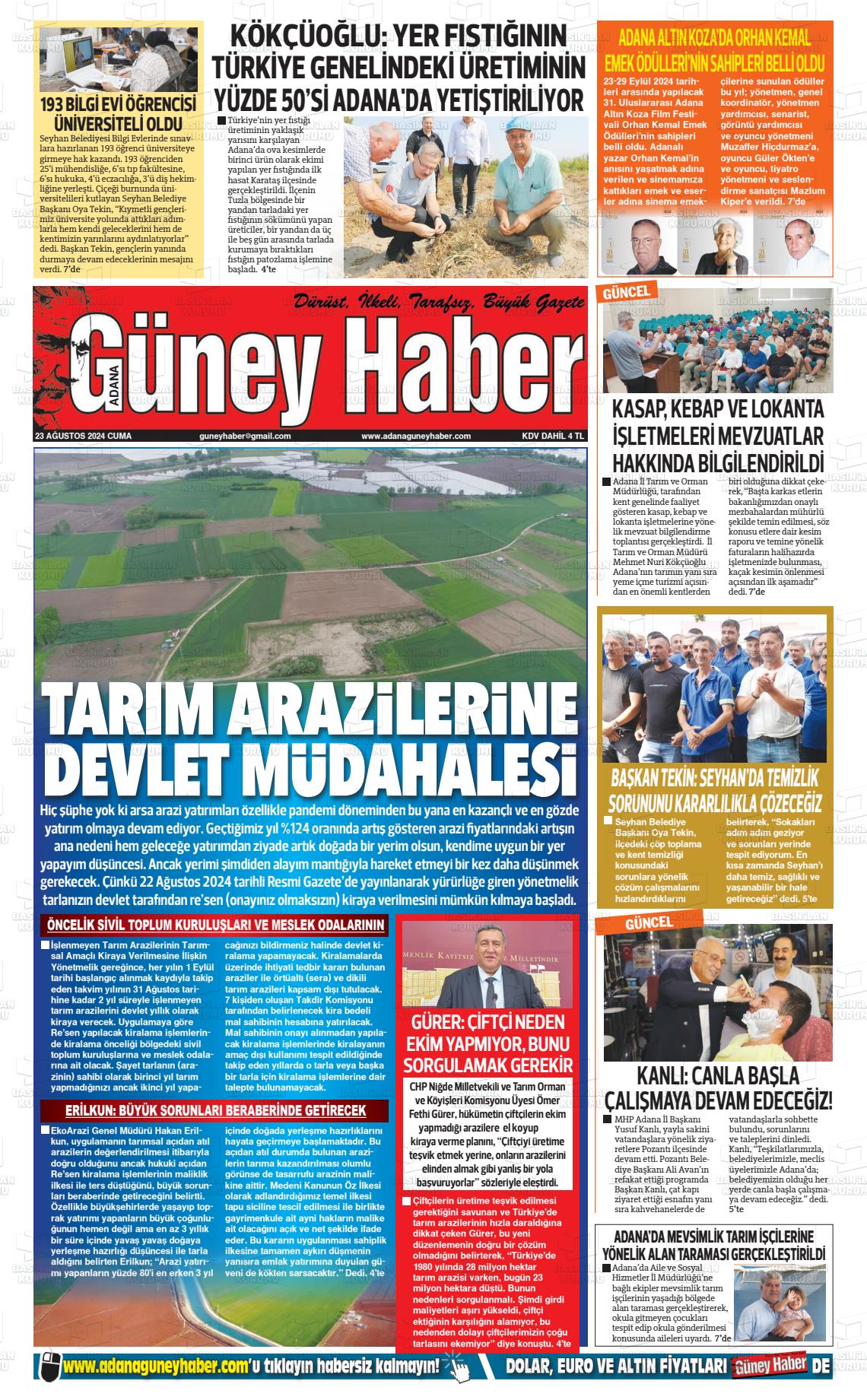 23 Ağustos 2024 Adana Güney Haber Gazete Manşeti