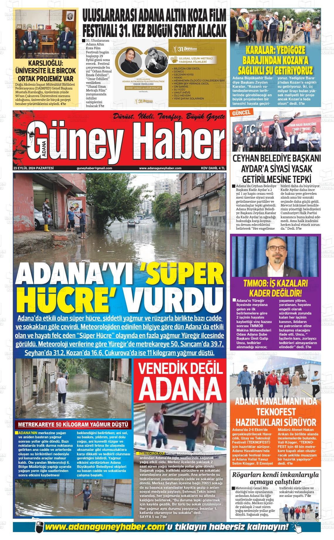 23 Eylül 2024 Adana Güney Haber Gazete Manşeti