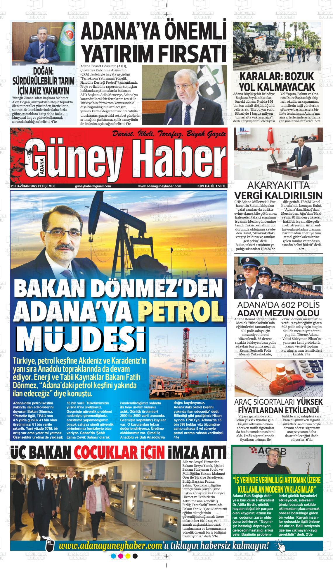 23 Haziran 2022 Adana Güney Haber Gazete Manşeti