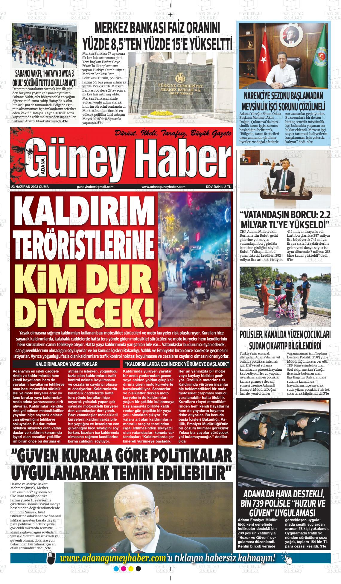 23 Haziran 2023 Adana Güney Haber Gazete Manşeti