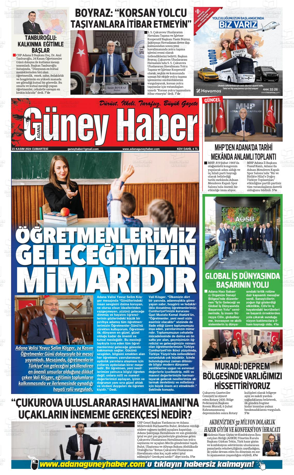 23 Kasım 2024 Adana Güney Haber Gazete Manşeti