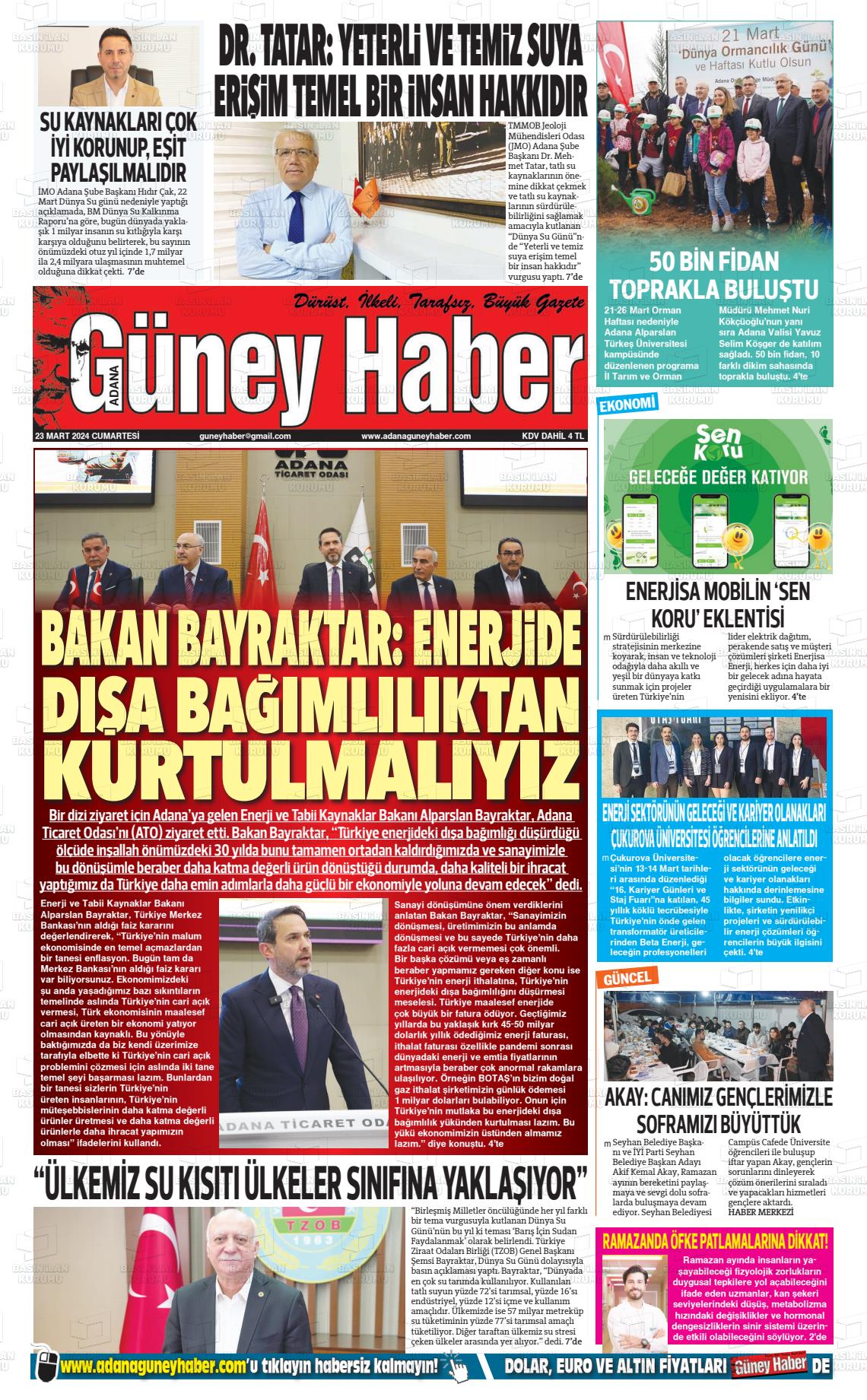 23 Mart 2024 Adana Güney Haber Gazete Manşeti