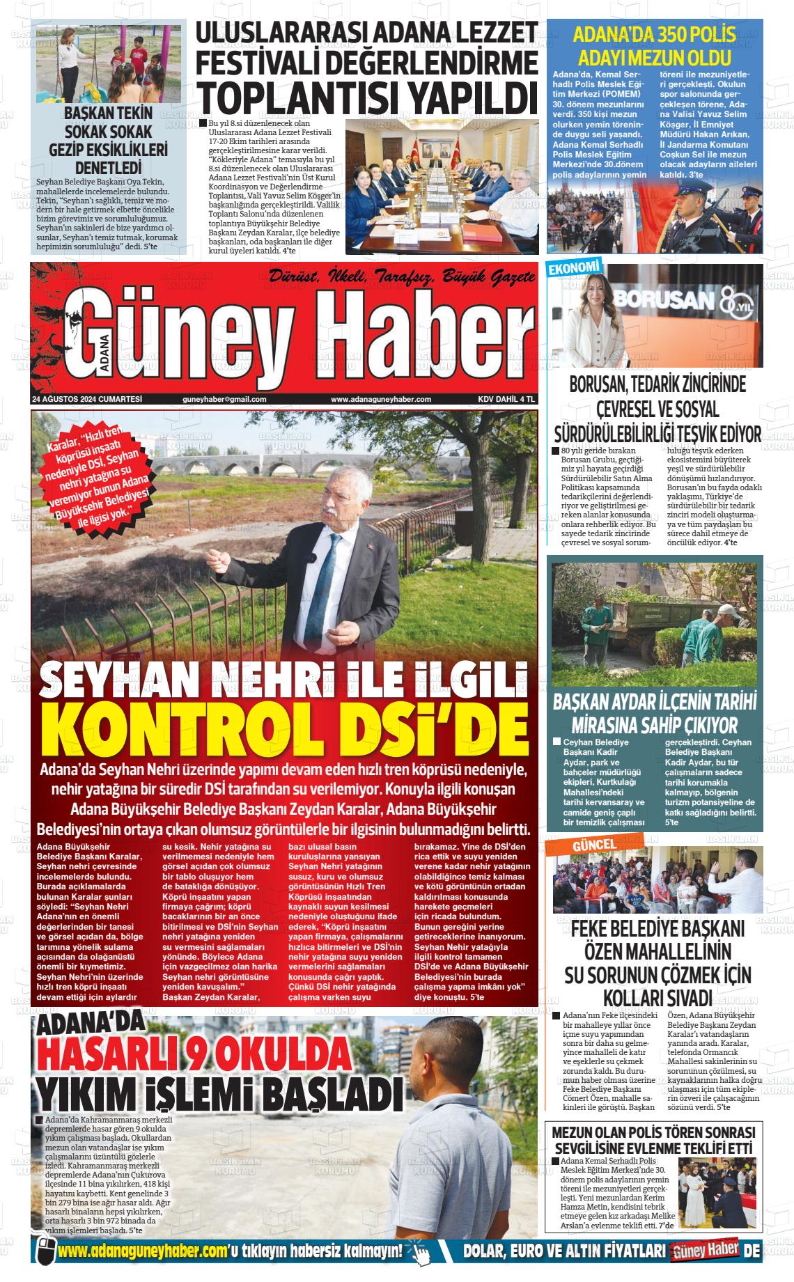 24 Ağustos 2024 Adana Güney Haber Gazete Manşeti